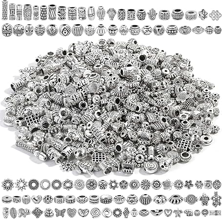 500 Pcs Bracelet Spacer Beads, Silver Bulk Random Styles Loose Spacer Metal Charm for Necklace, Earring Making DIY Jewelry Accessories