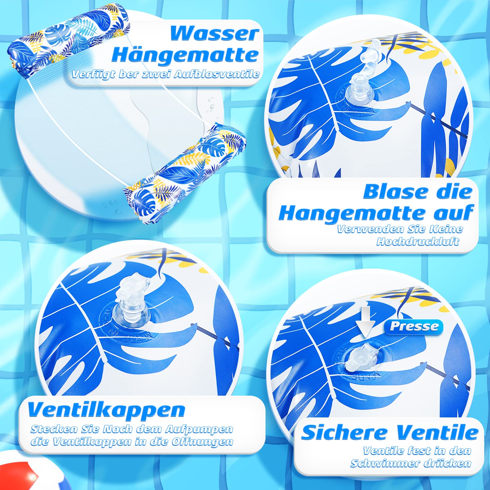Amteker Luftmatratze Pool XL, 2 Stück Wasserhängematte Erwachsene, 4 in 1 Luftmatratze Wasser Pool Zubehör Spaß, Aufblasbarer Hängematte Erwachsene