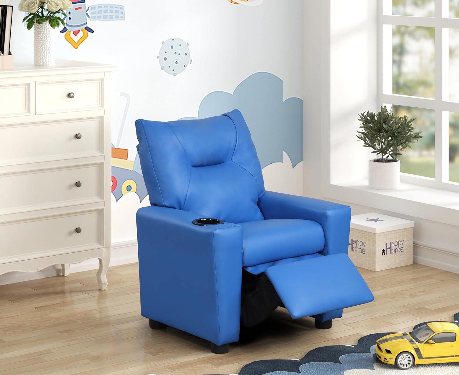 Perline 23" W Blue PVC Fabric Kids Recliner Chair with Cupholder