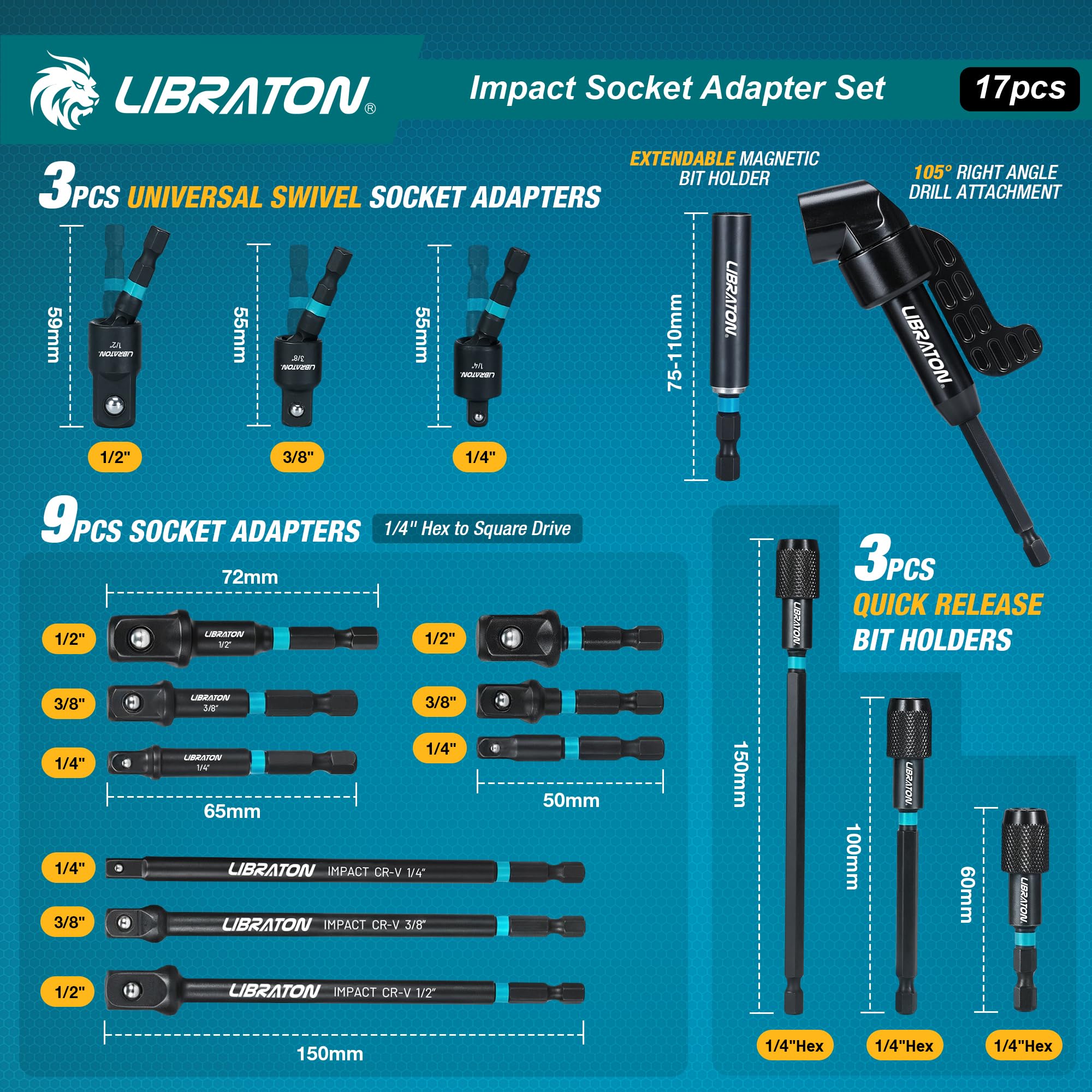 LIBRATON Set De 17 Adaptateurs De Douille À Choc, Carrés 1/4", 3/8", 1/2"