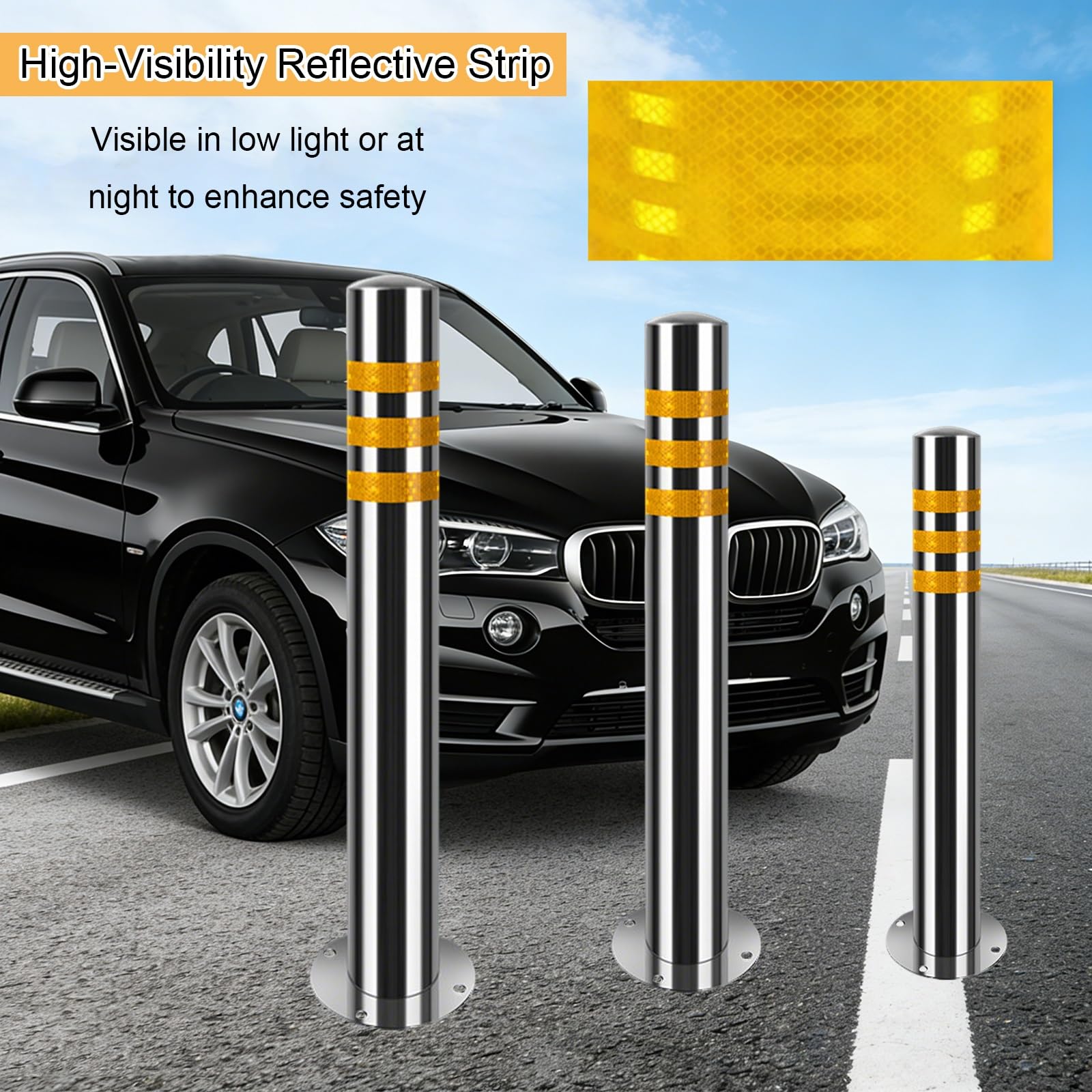 201 Parkpoller Aus Edelstahl, Verkehrspfosten Mit Reflektierendem Band, Robuste Parkbarrieren Für Die Sicherheit Von Fußgängern Und Die Verkehrsregelung(Silver-1pc,60 * 7.6cm/23.6 * 3in)