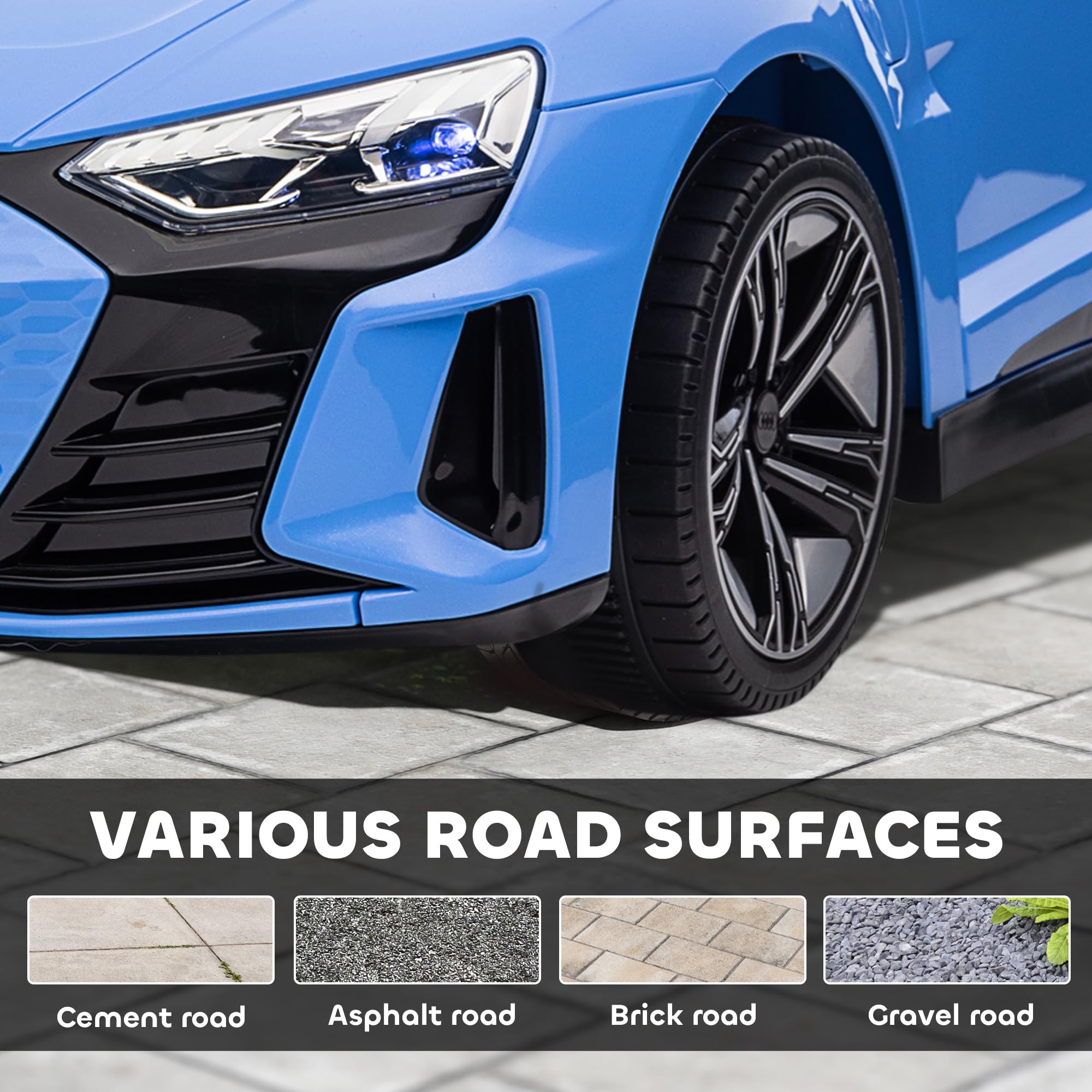 HOMCOM Coche Eléctrico para Niños de +3 Años Audi RS e-Tron GT Coche de Batería 12V con Mando a Distancia Faros LED Bocina Música USB y Apertura de Puerta 3-5 km/h Azul