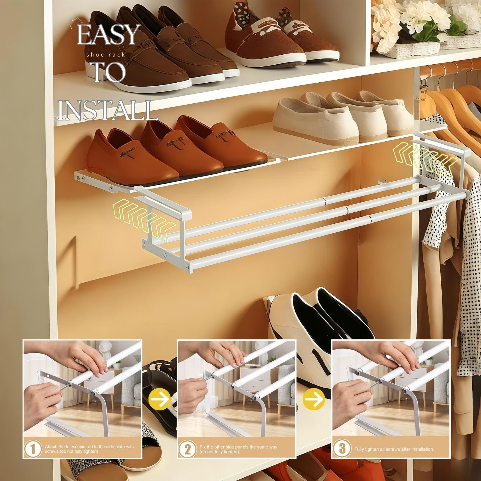 Regulowane i rozszerzalne półki na buty – zestaw 3 (50-90 cm) do szafy, pod szafki kuchenne, kuchnia i spiżarnia (biały), zmaksymalizuj przestrzeń i zmniejsz bałagan.