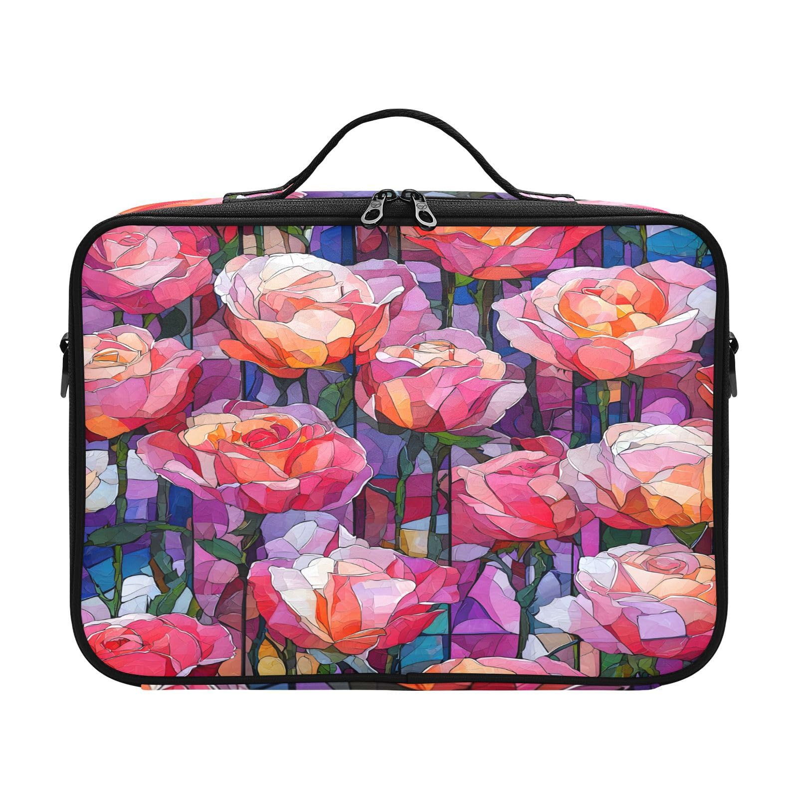 zyrtty Travel Makeup Train Case Flower Red Glass Pattern Rose Cosmetic Organizer Portable Storage Bag with Adjustable Dividers for Cosmetics Brushes Toiletry Jewelry Digital Accessories