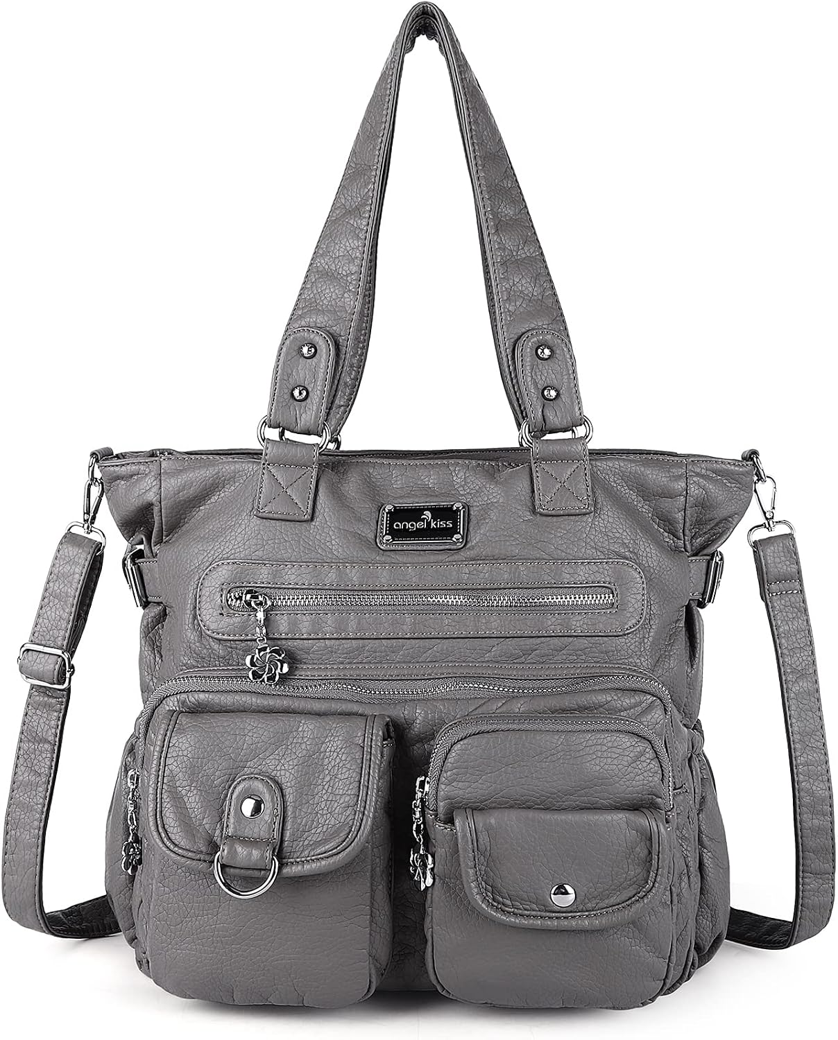 AngelKiss handbag women shoulder bag multifunctional shoulder bags washed vegan leather waterproof with zip pockets