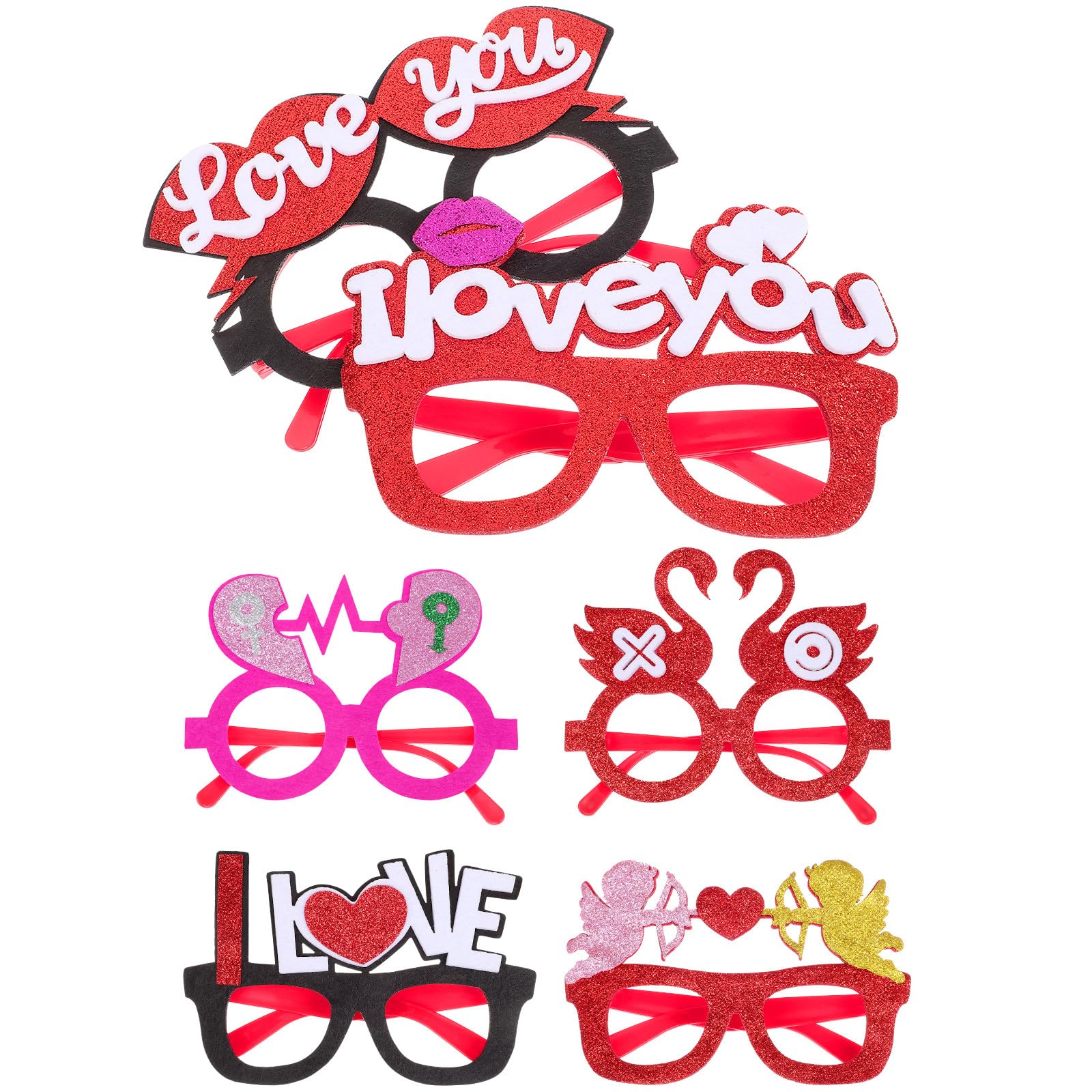 Valentines Day Eyeglasses 6pcs Heart Party Glasses Set with Love and Cupid Designs, Fancy Decorative Props for Photo Booth and Celebration Party Favors