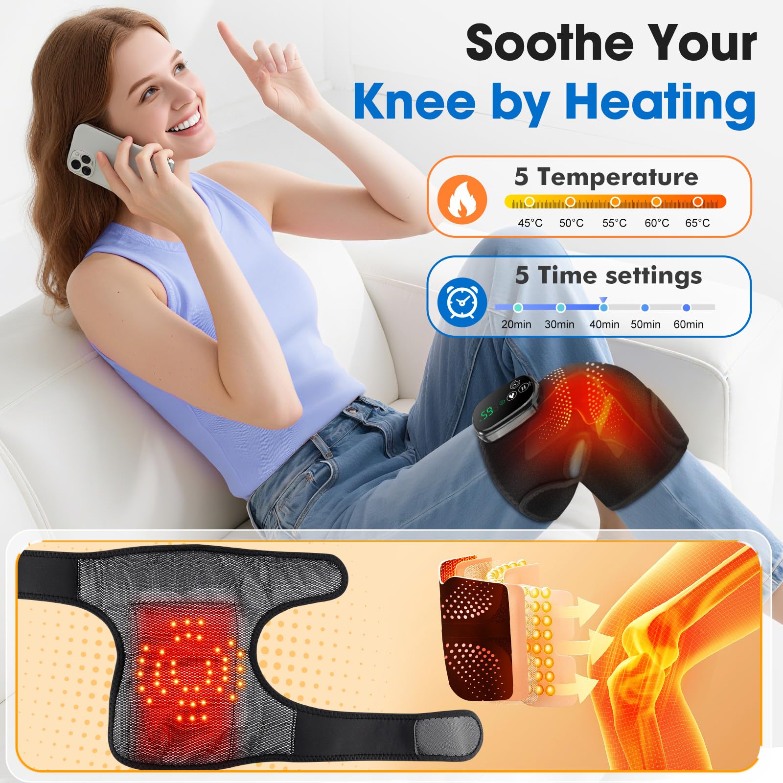 Rodillera Térmica Inalámbrica Con Luz Roja Y Pantalla Táctil, Almohadilla Para Hombro Codo Portátil Con 5 Niveles De Calor, 3 Modos De Masaje Y Temporizador, Batería Integrada 5000mAh, 4 Motores