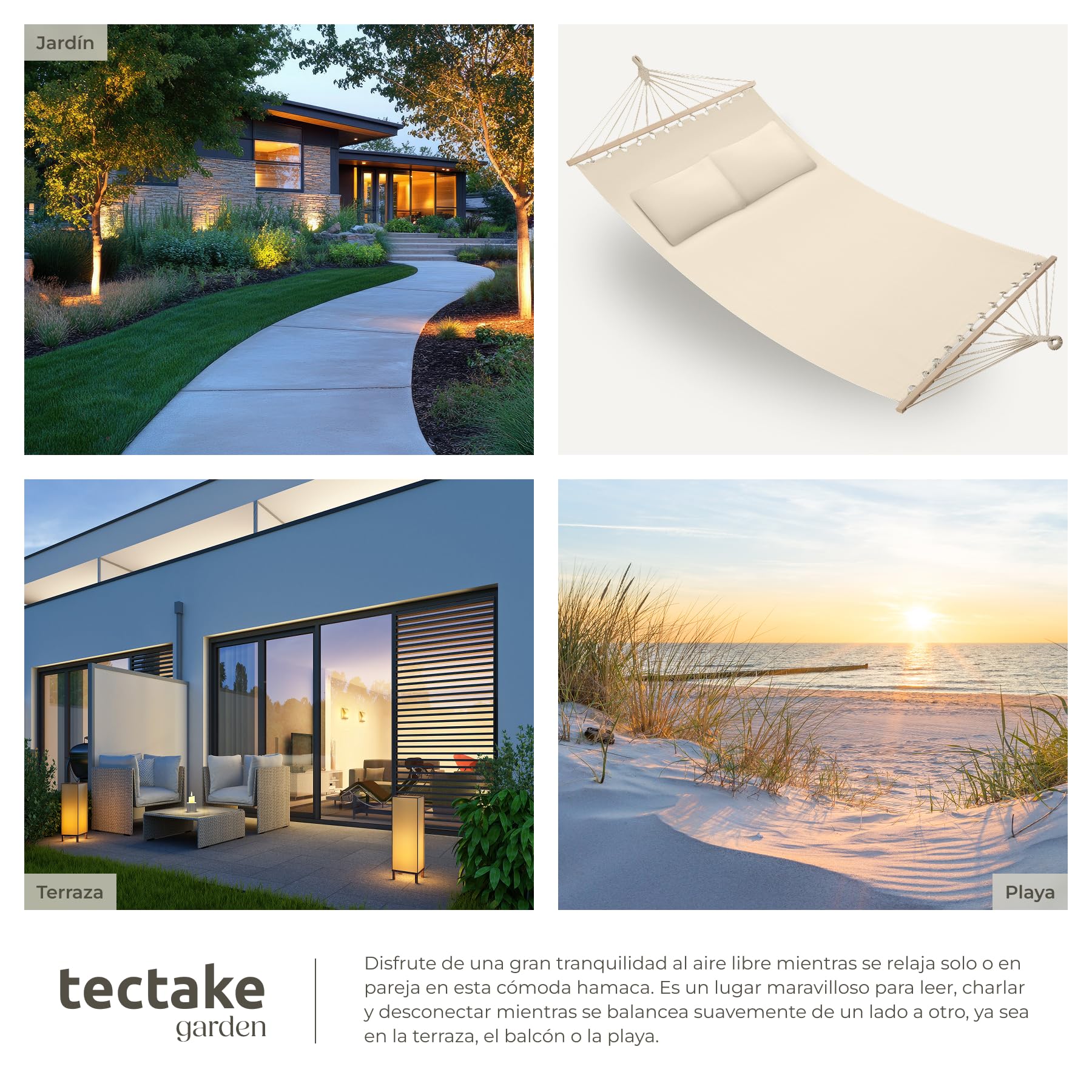 tectake® Hamaca Doble para Jardín, Estructura Hamaca Estable con Cojines Extraíbles, Tumbonas Jardin Exterior Ideal para Camping Accesorios, Terraza o Porche - 325 x 150 x 2,5 cm Beige