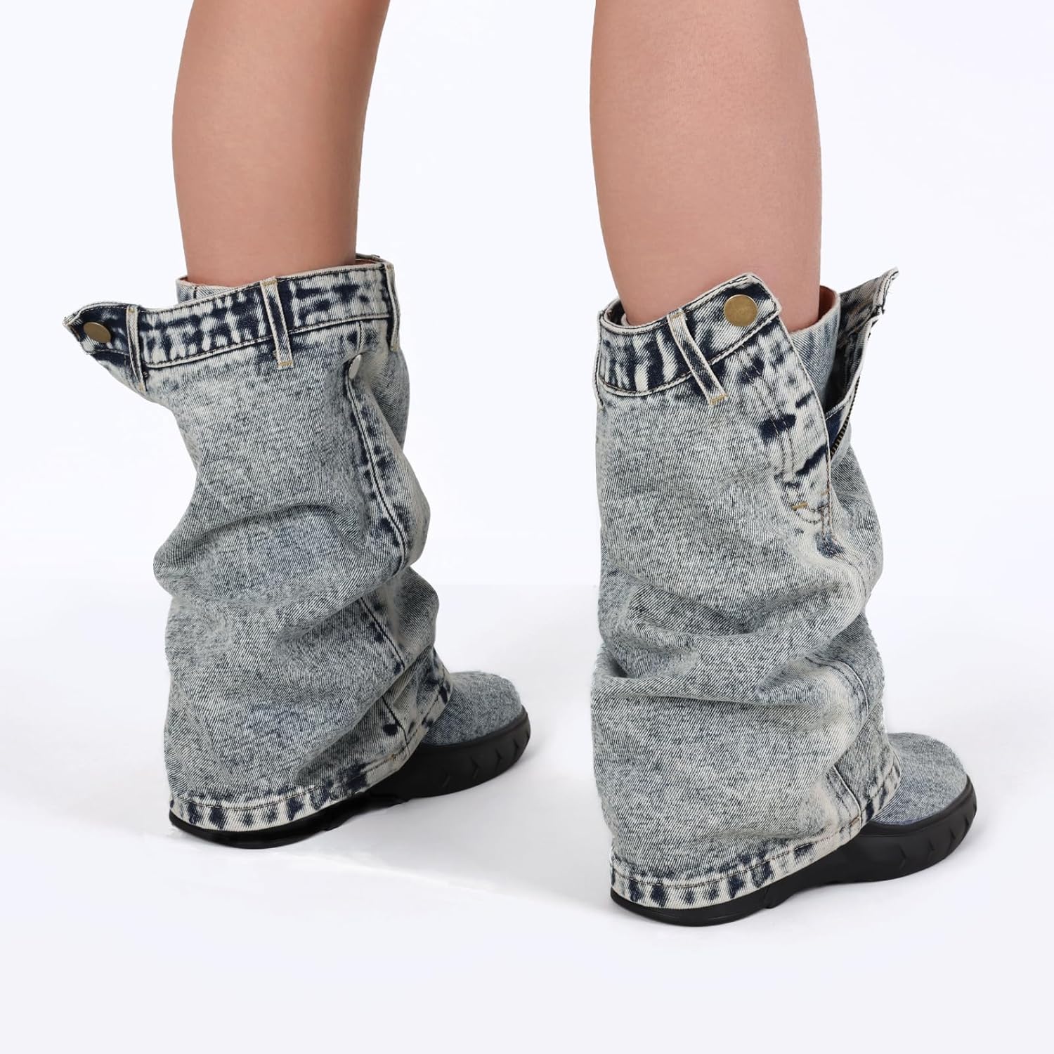 Kalstage Womens Denim Mid Calf Boots Fold Over Slouchy Platform Wedge Booties Vintage Y2k Shark Jean Boots - Image 5