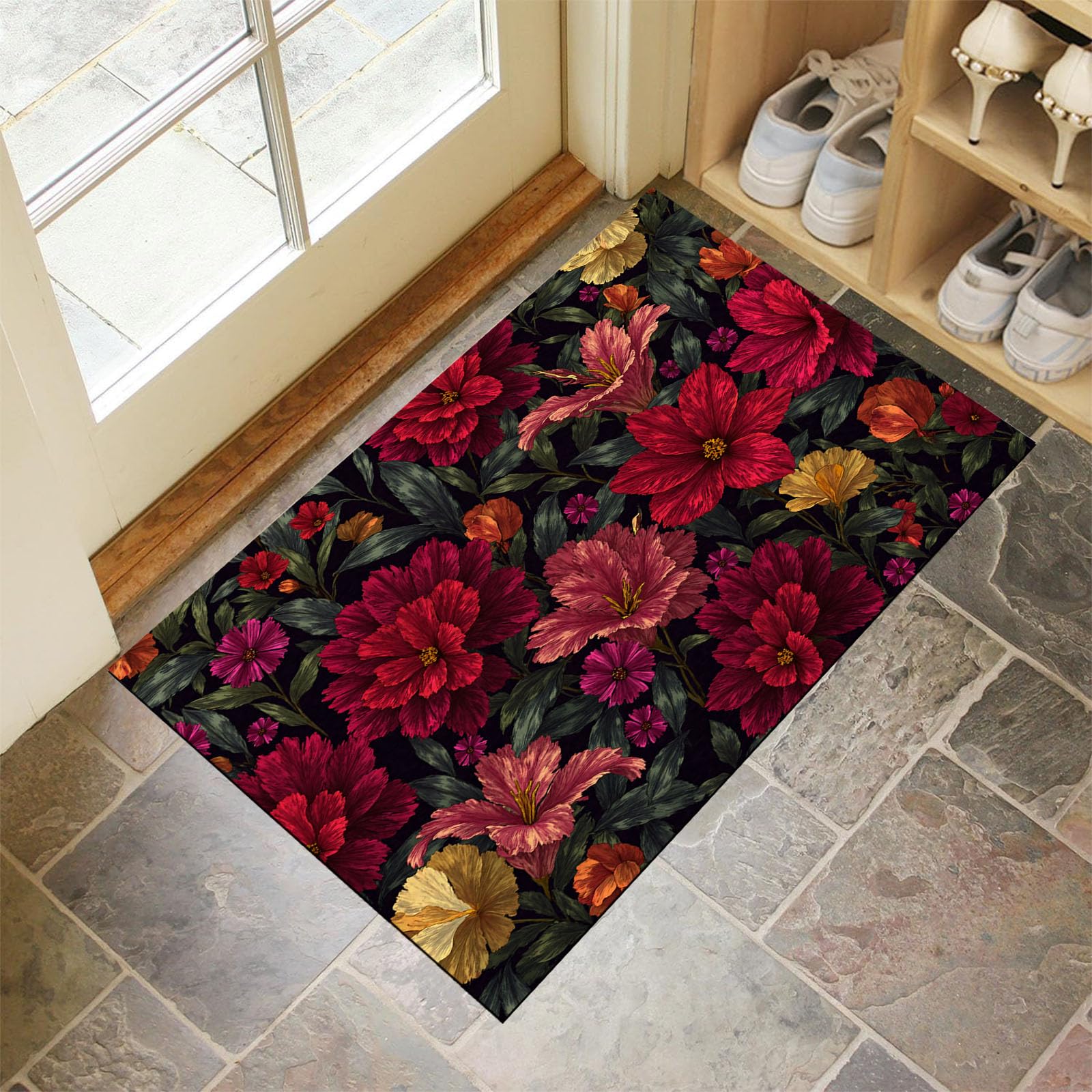 Tapis d'entrée intérieur fleuri antidérapant et paillasson lavable pour cuisine