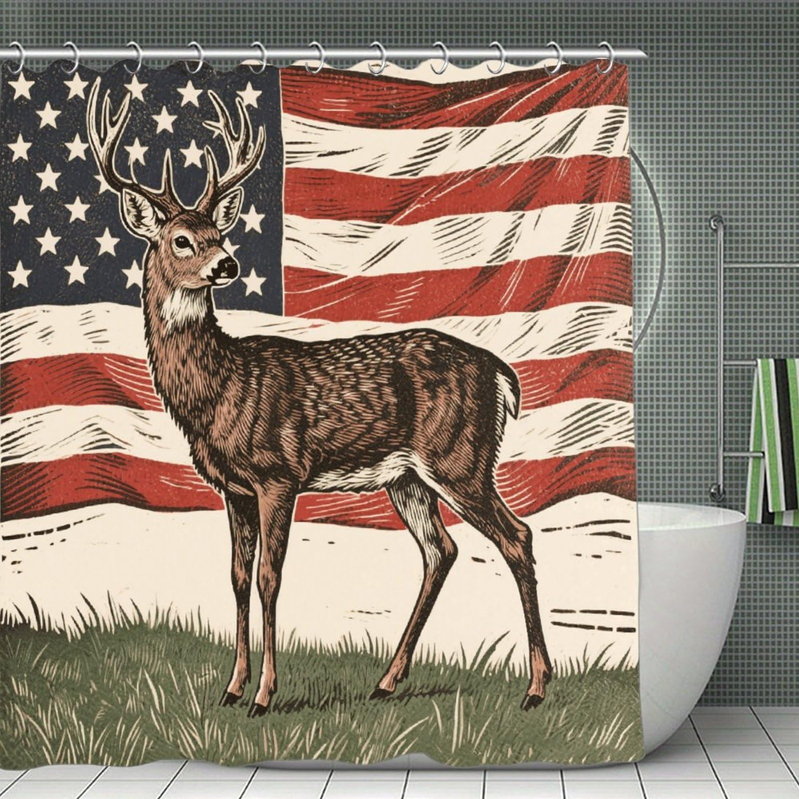 VstaDank Deer American Flag Bath Curtain Elegant Heavy Duty Shower Curtains 70x70 in Rustic Farmhouse Cloth Shower Curtains Neutral Modern Bath Curtain for Bathroom
