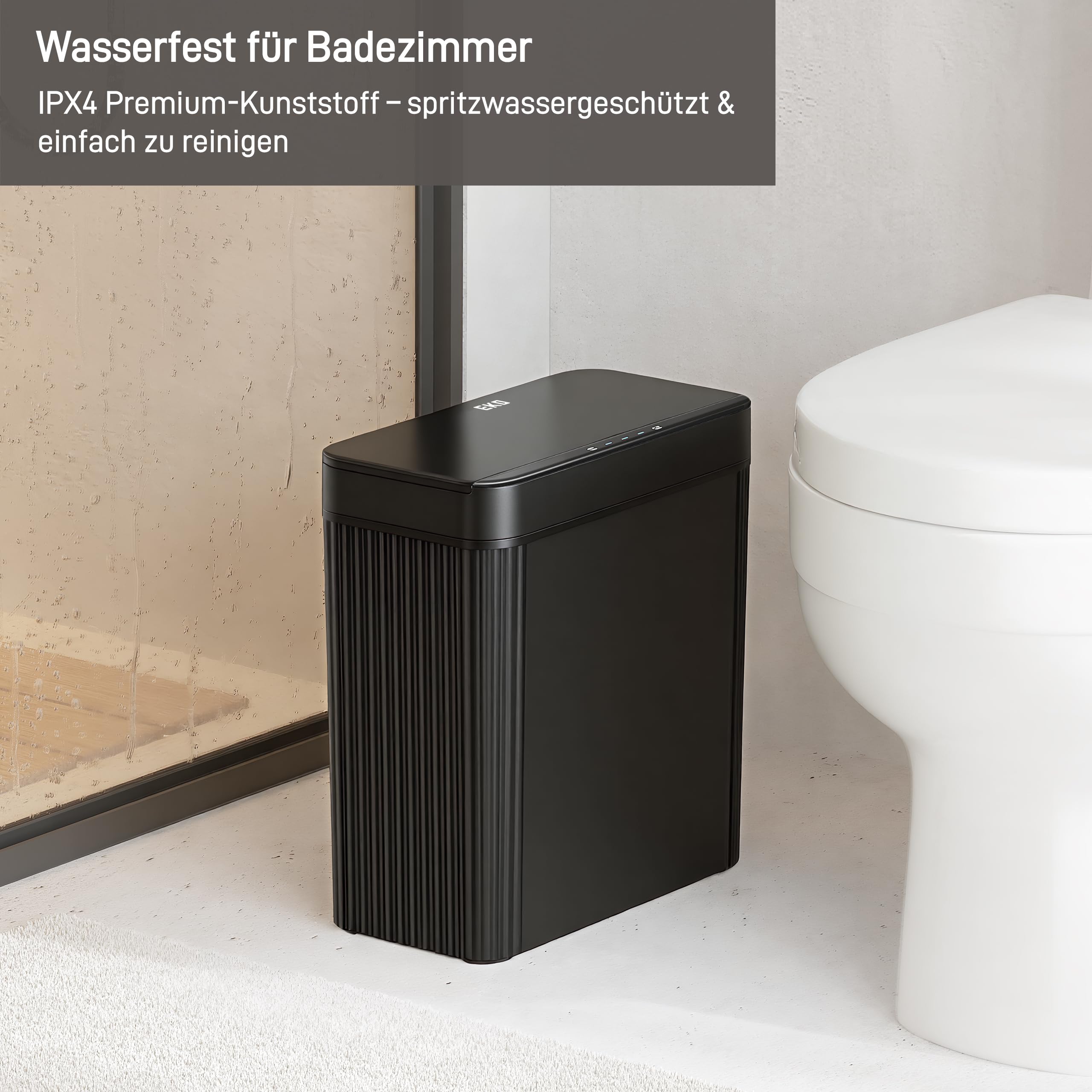 EKO Badezimmer Mülleimer mit Sensor, Schlanker Sensor Abfalleimer, Wasserdichter, Soft Close, Bewegungssensor-Kosmetikeimer für Bad, Büro und Küche, Carbon-Schwarz, 10L, Hochwertiger Kunststoff