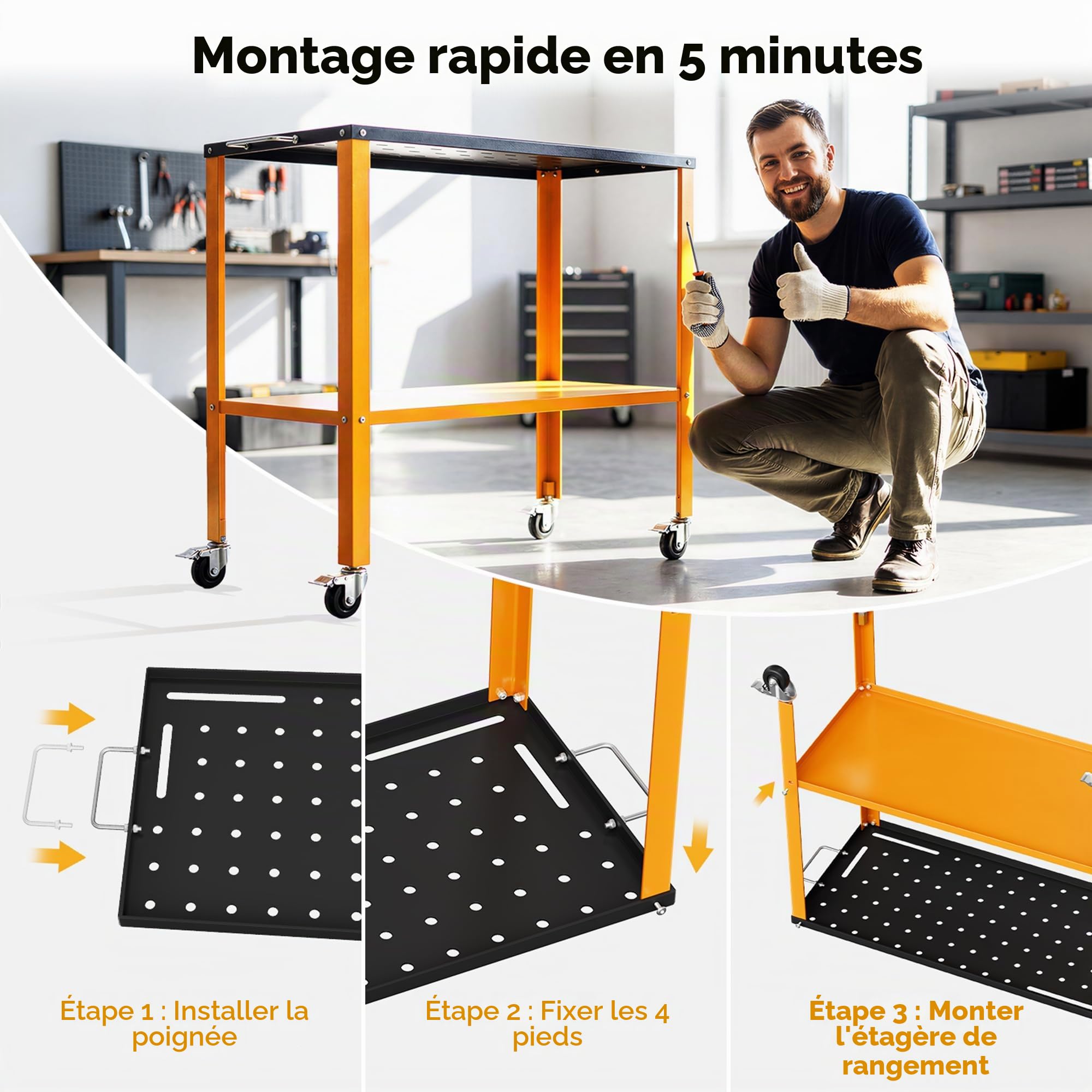 Table de Soudage 91x46 cm, Charge de 544 kg, Finition Oxyde Noir, Établi de Soudage avec 4 Roulettes de Freinage Verrouillables, 4 Fentes pour Outils, Trous de Fixation de 1,6 cm pour Garage, Atelier