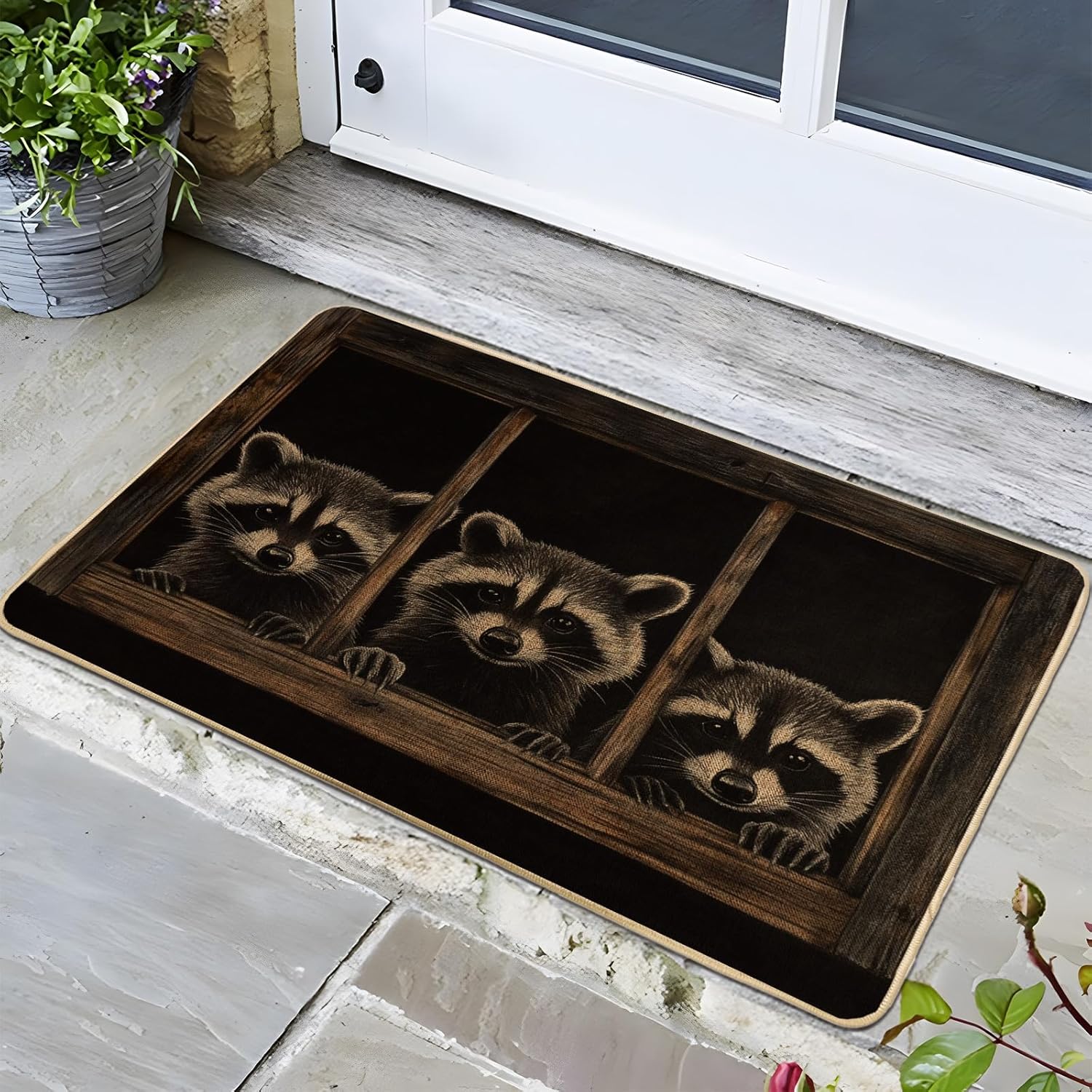 Raccoon Door Mat, Cute Animal Doormat for Outdoor & Indoor Entrance Seasonal Decor, Non-Slip Waterproof Dust Absorbent Welcome Mat, Easy Clean 29x17 Inch