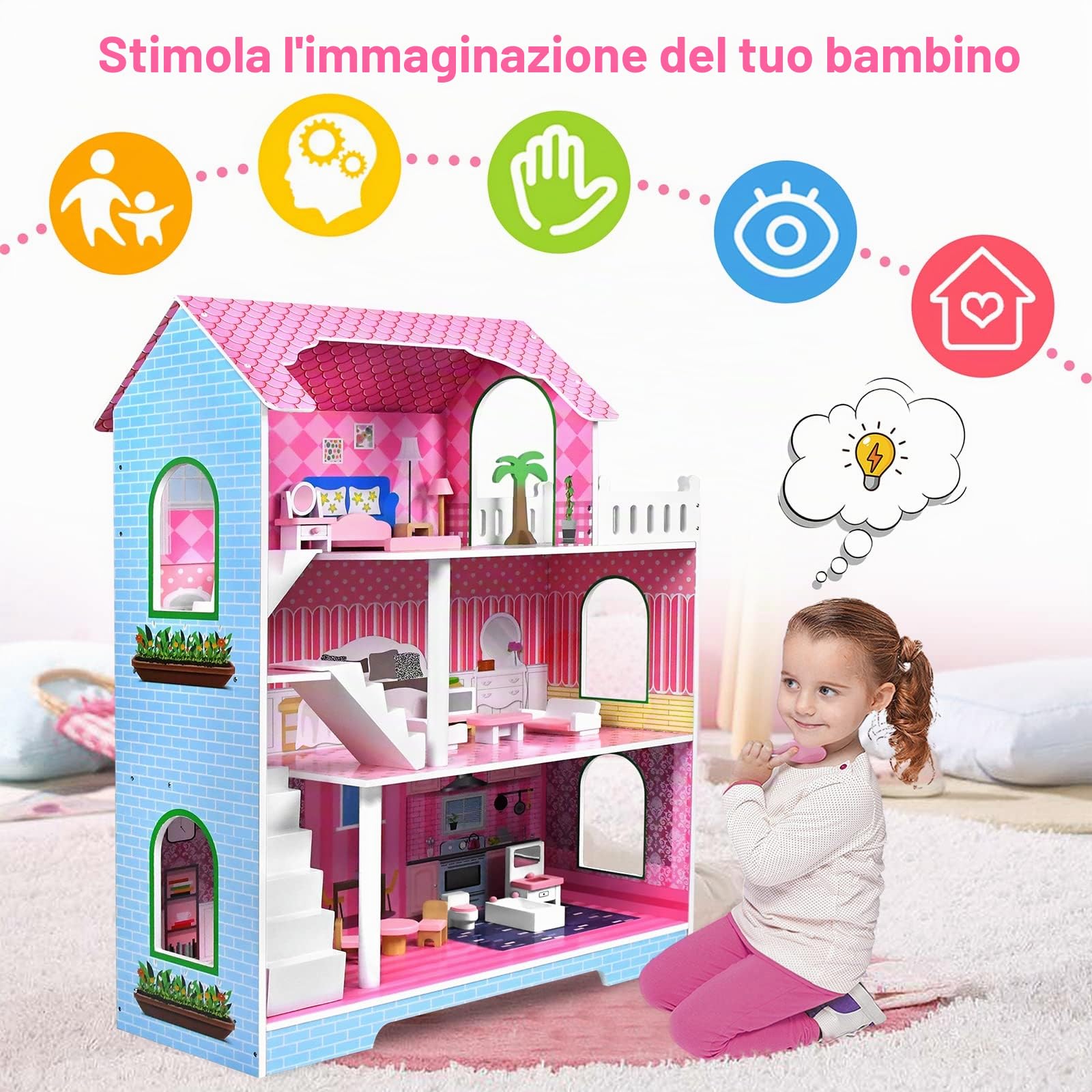 LARS360 LARS-ELC1073 Grande casa delle bambole in legno rosa con mobili e accessori, 3 piani, facile da montare, sicura ed ecologica (100 x 36 x 70 cm)