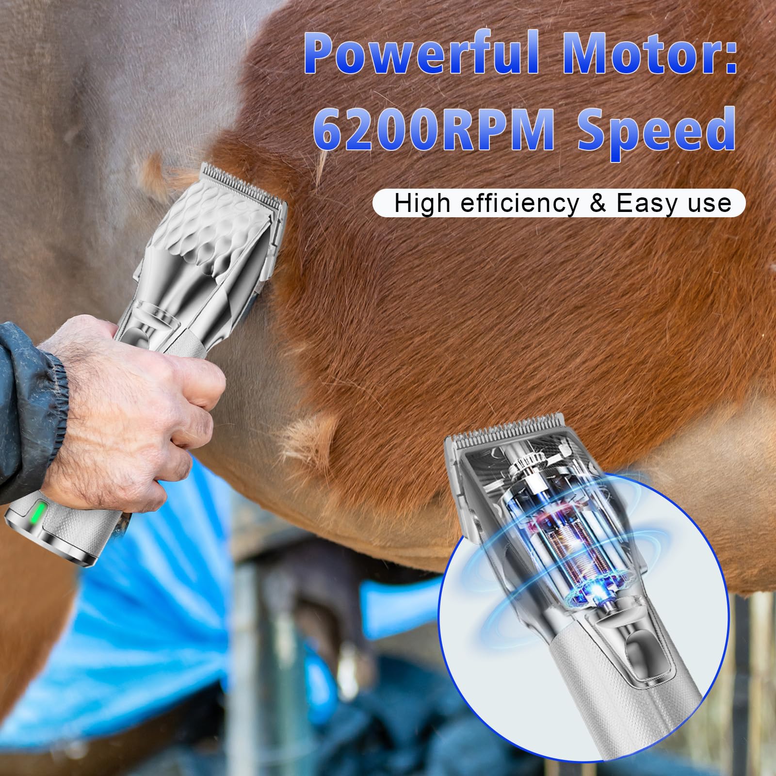 Tosatrice per cavalli, senza fili, ricaricabile, per capelli spessi e infeltriti, professionale, con motore potente da 6200 giri/min, peso leggero da 400 g, argento