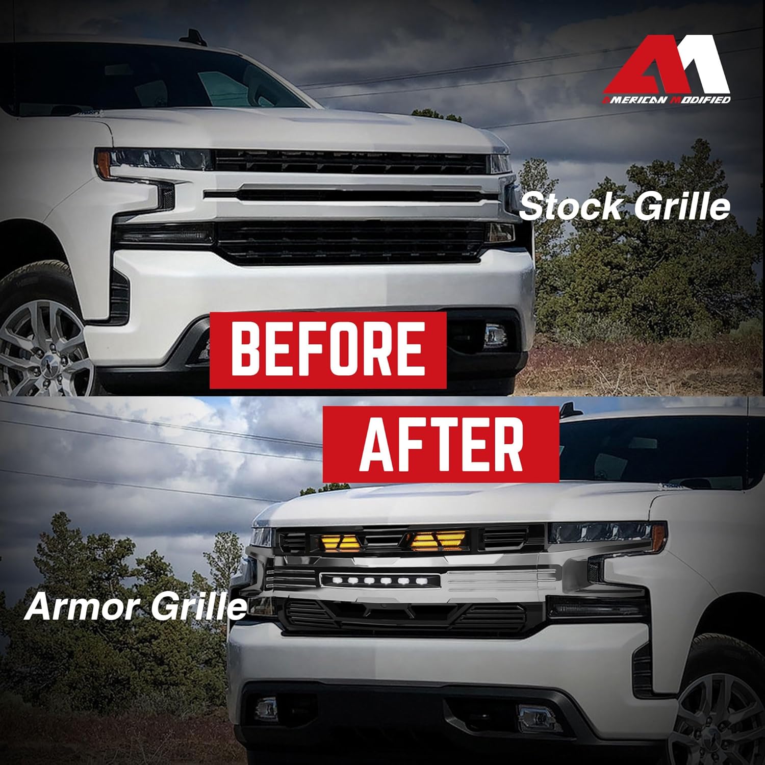AMERICAN MODIFIED Armor Grille with LED Lights for 2019-2021 Chevy Silverado 1500, Chrome