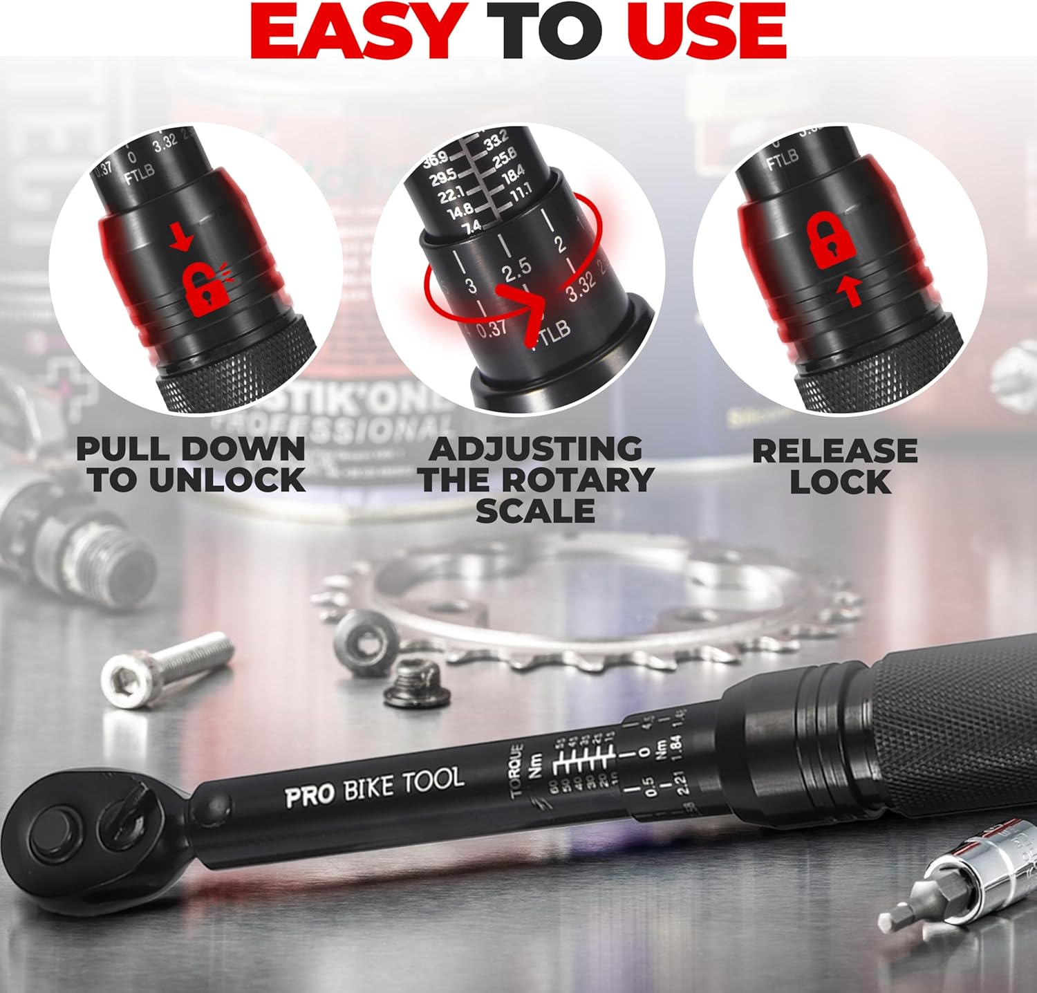 PRO BIKE TOOL Torque Wrench 3/8 Drive - Precision Torque Wrench for Bike Maintenance - 10 to 60 Nm Range with 0.5 Nm Micro Adjustments - Includes Adapters, Extension Bar and Storage Box - Black Matte