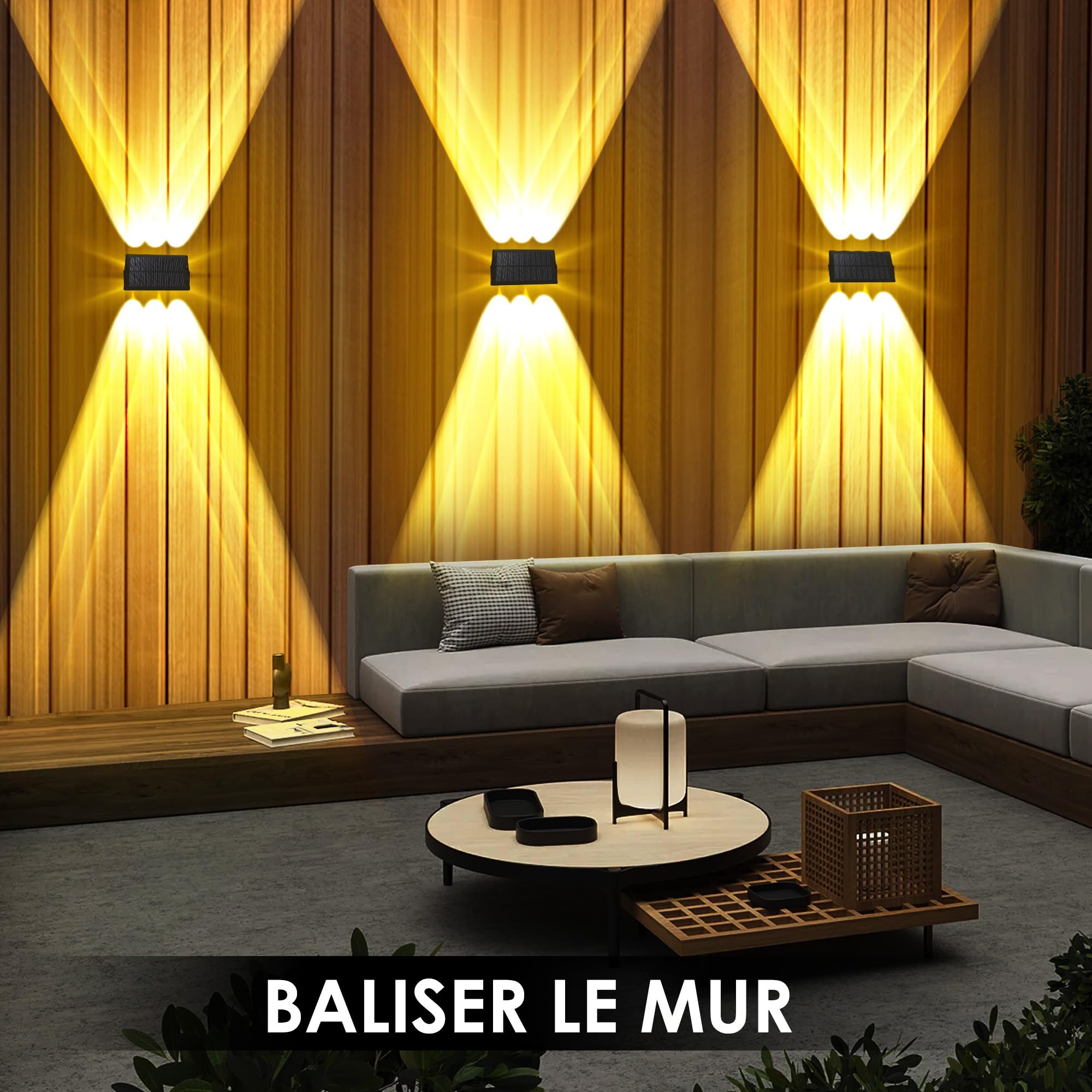 Applique Murale Exterieur Solaire Haut & Bas Lampe Solaire Exterieur Puissante Blanc Chaud LED Eclairage Exterieur Solaire Étanche IP67 Sans fil pour Clôture Jardin 6 Articles