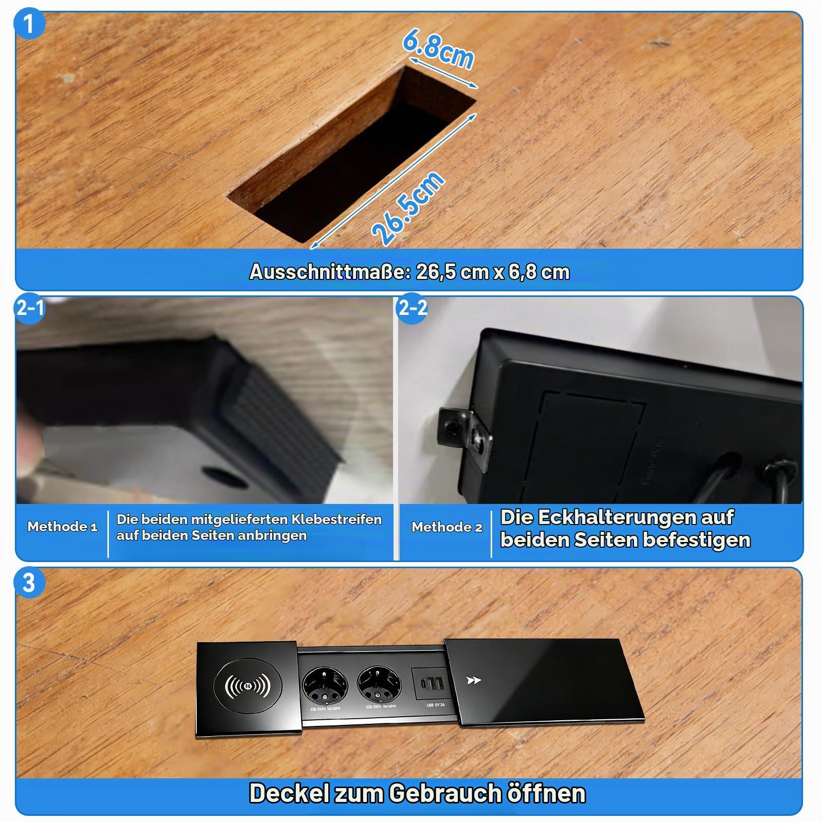 Versenkbare Steckdose, Ausziehbare 2-Fach-Steckdosenleiste mit USB-C PD 20W und 2 USB-A-Anschlüssen, Tischsteckdose mit 15W kabelloser Ladefunktion für Schreibtisch, Küche, Büro oder Couchtisch