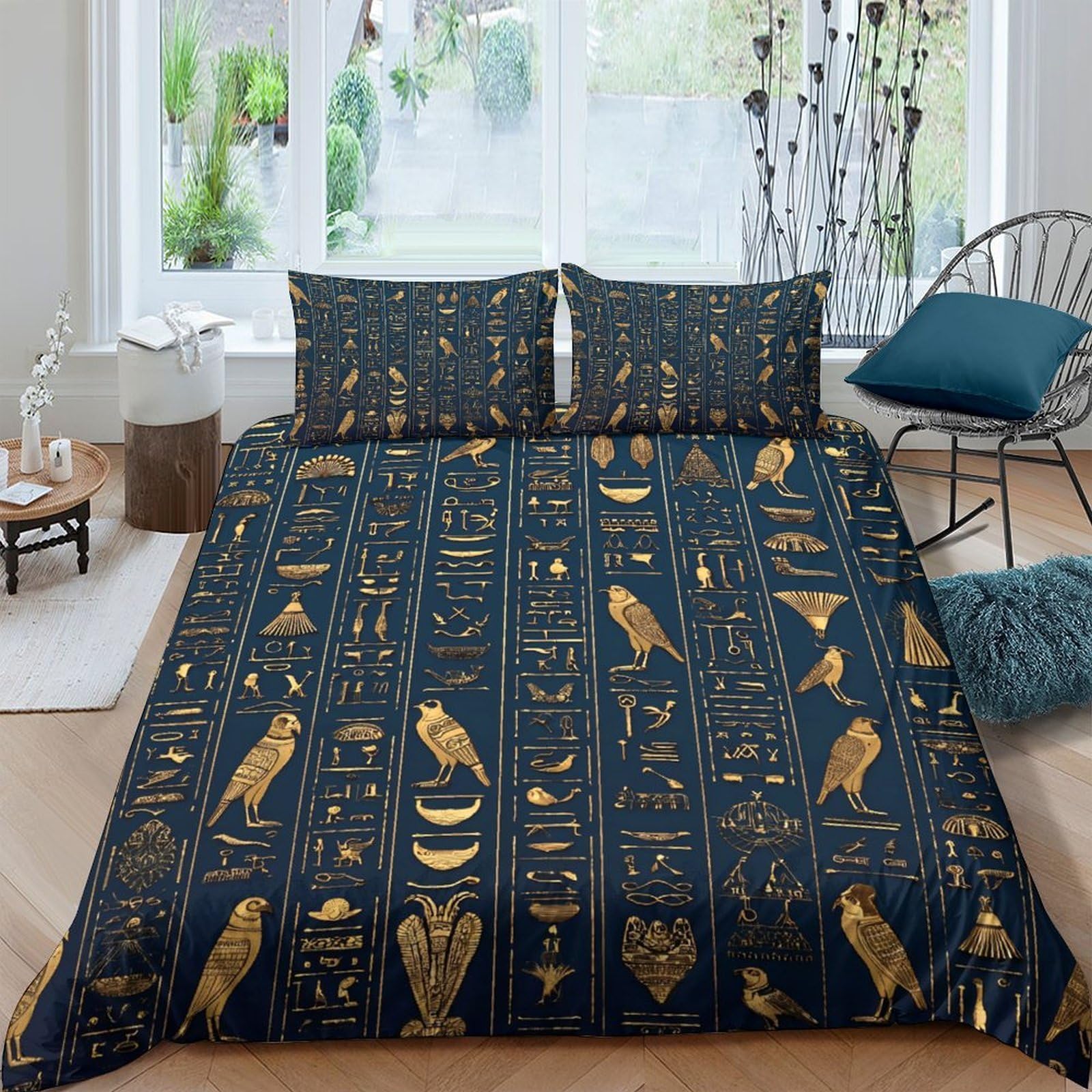 Ctjqhvkz Style-9 3D Printed Egyptian Hieroglyphs Fitted Sheet Microfiber Black Gold Bed Cover For Bedroom Guest Room Decor Single（135X200cm）
