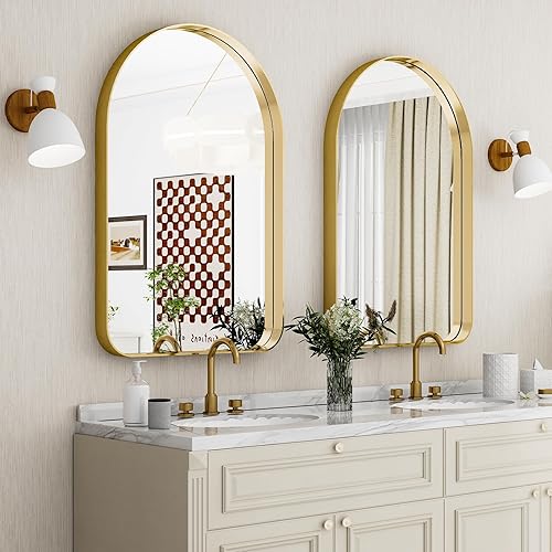 Miniatura 3 de GLSLAND Espejo de baño arqueado dorado de 20 x 30 pulgadas, espejos enmarcados de aleación de aluminio para pared, espejos de pared mate para