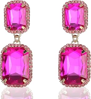 Rhinestone Statement Clip On Earrings for Women, Big Rectangle Geometric Oval Chandelier Dangle Clip Earrings Large Silver Hot Pink Drop Earrings for Women Non Pierced