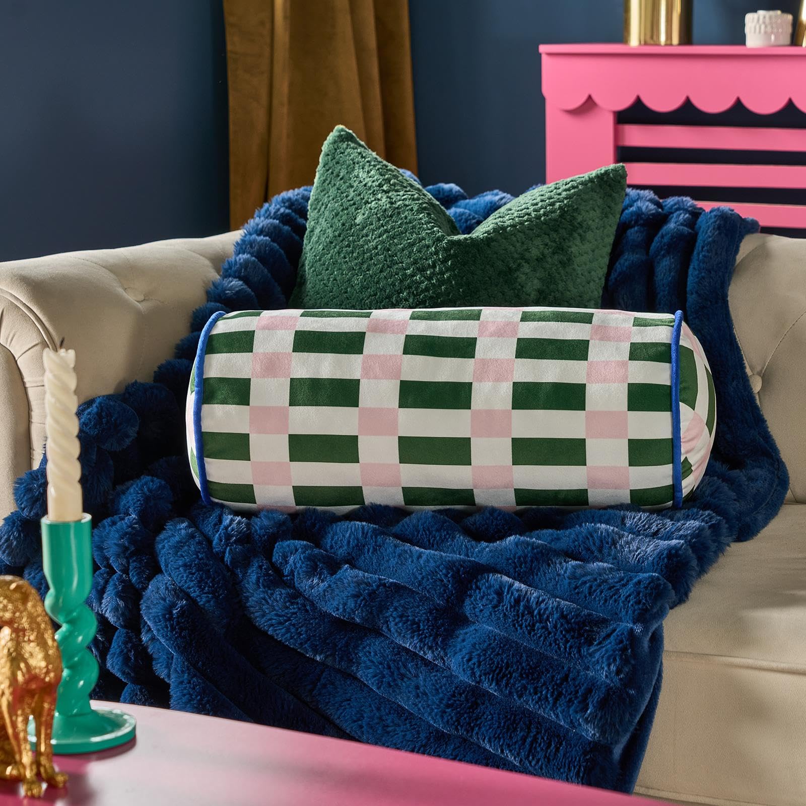 Ohs Women's Pink/Green Geometric Bolster Pillow Matte Velvet Cylinder Pillow, Soft Cosy Neck Roll Pillows For Armrest & Head Support Yoga Bolster Cushion For Sofa & Bed, Green/ - 46 X 20Cm