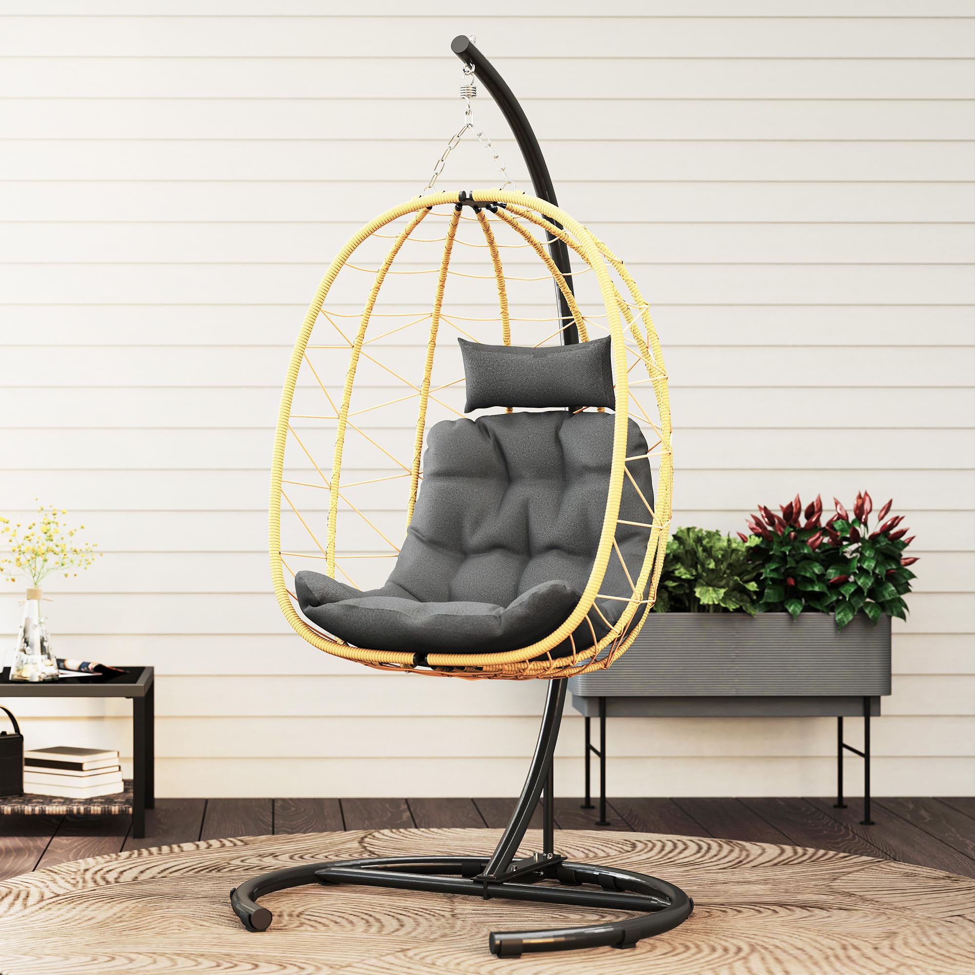 Outsunny Poltrona Sospesa 150kg Max 102x102x195 cm Nera Grigia e Beige | Cesto Pieghevole e Cuscini, Poltrona Sospesa da Giardino, Acciaio e Rattan PE