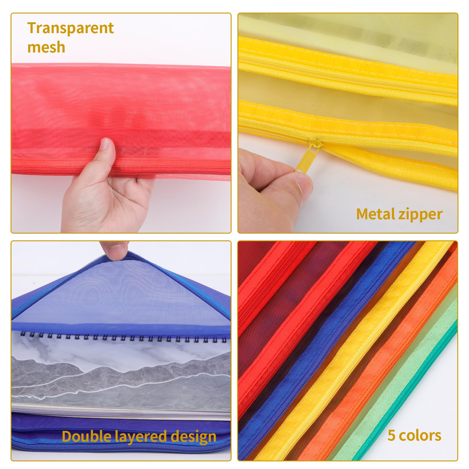 Sacchetti a rete con cerniera in 5 colori, 10 pezzi, formato A4, a doppio strato, in nylon, per riporre e organizzare giocattoli, traspirante, trasparente, con cerniera, con tasca per maniglia, per
