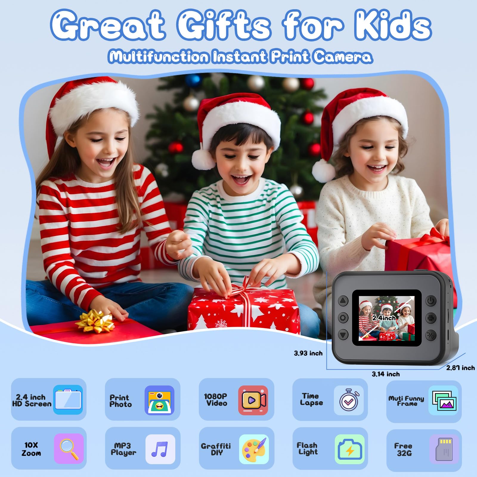 Hangrui Macchina Fotografica Bambini Istantanea, 2,4 Pollici Fotocamera Istantanea Bambini con 32G Scheda,20MP/1080P Fotocamera Digitale,Giocattolo Regalo per Ragazze Ragazzi dai 3-10 Anni-Nero