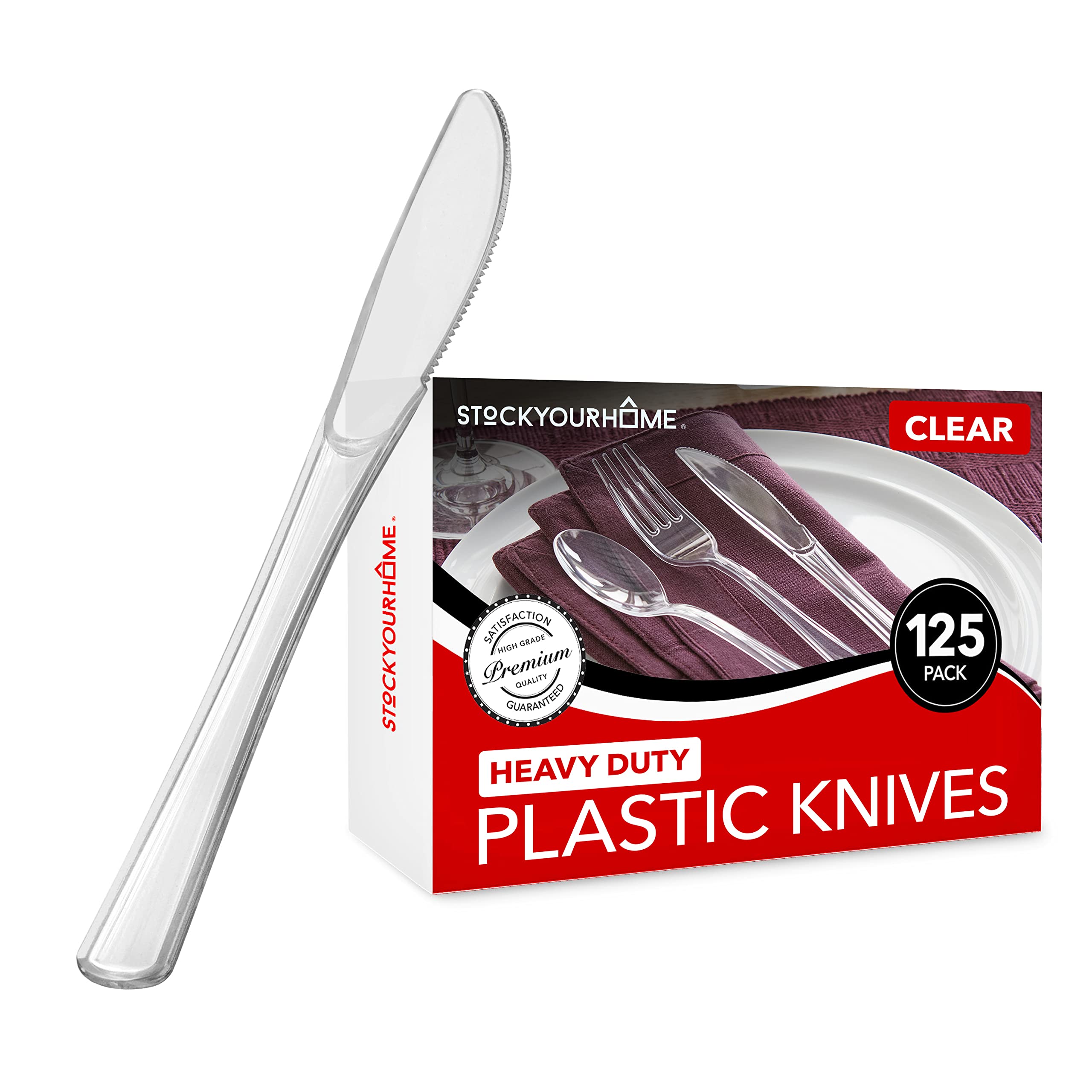 Stock Your Home (125-Count Plastic Knives, Disposable Silverware for Dinner, Heavy Duty Utensils, Heavyweight Party Flatware, Bulk Cutlery in Clear