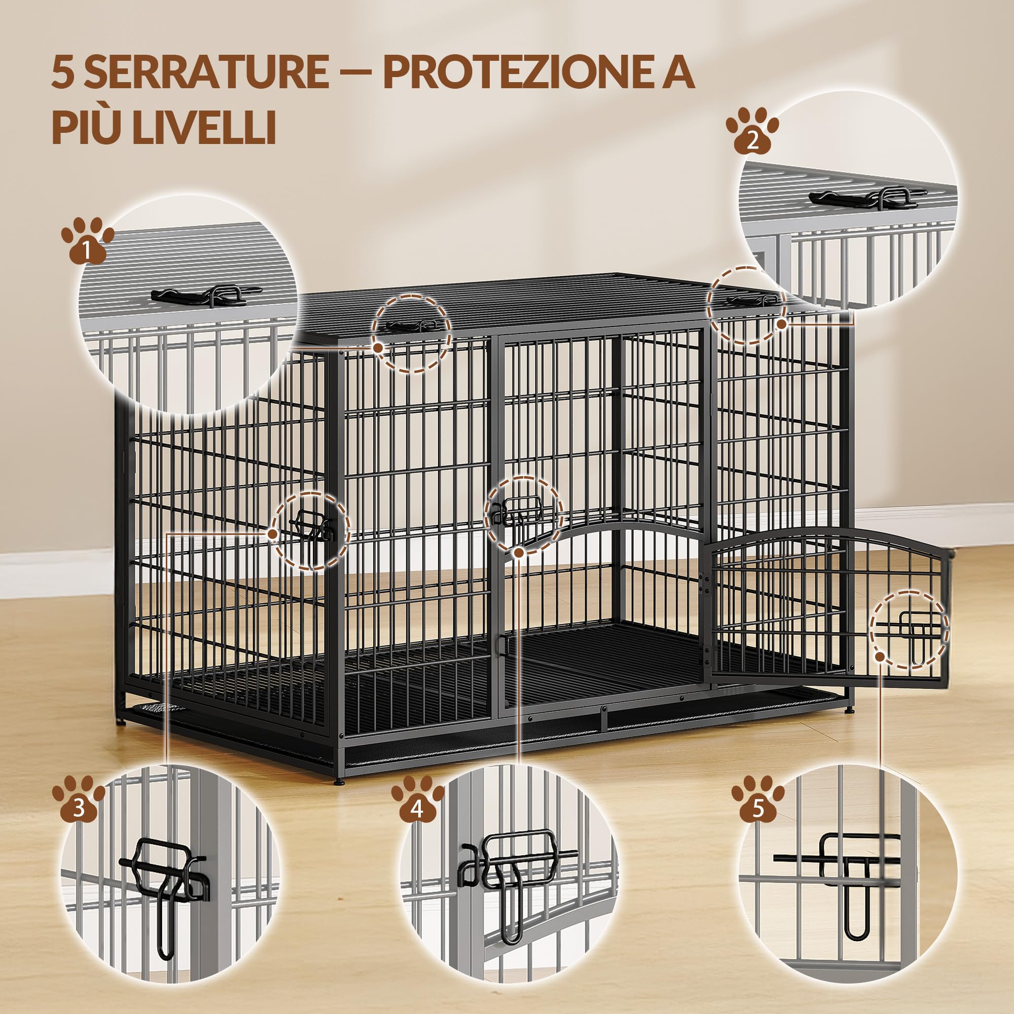 Hundekäfig Hochbelastbar, XXL Gitterbox für Zuhause, 4-Türiger Hundebox Metall mit Seitentür und Herausnehmbares Bodenschale, Leicht zu Reinigen, Haustierkäfig, Schwarz, 122 x 74,5 x 80,5 cm