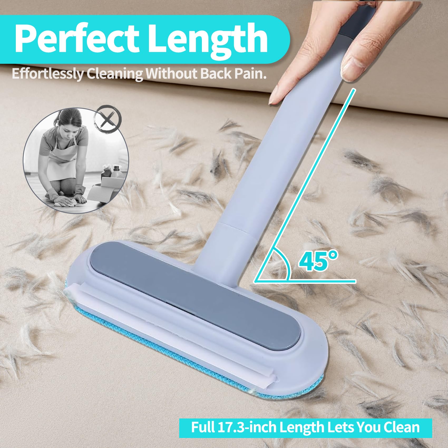 Pet Hair Remover Brush - Reusable Multifunctional Pet Hair Removal Tool for Furniture, 4 in1 Cat and Dog Hair Removal, 17.3Inch Adjustable Long Handle, Gentle on Couch Carpets Bedding (1 Set) - image 4