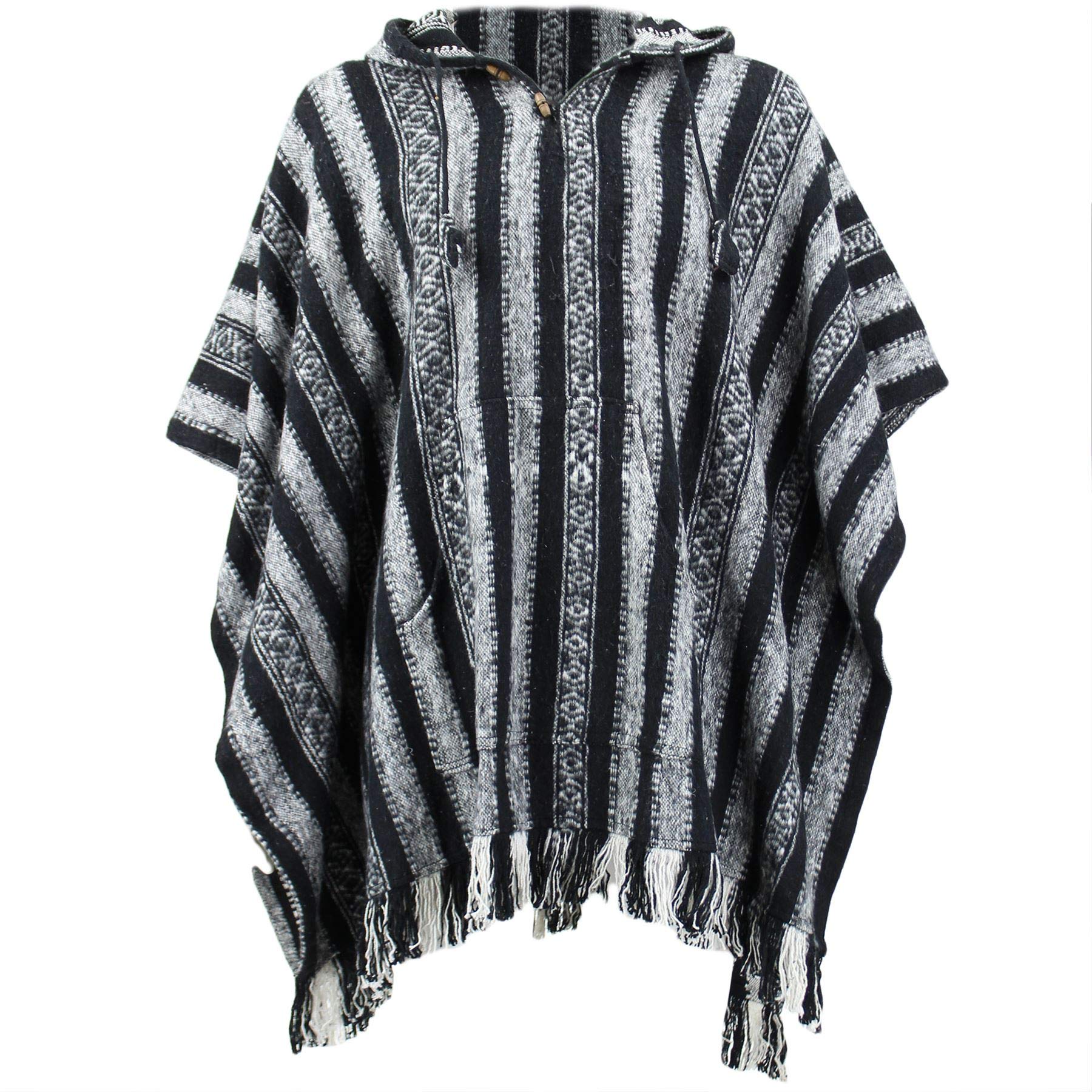 Loud Ponchos Black & White Woven Cotton Hooded Poncho Knee Length By Loud