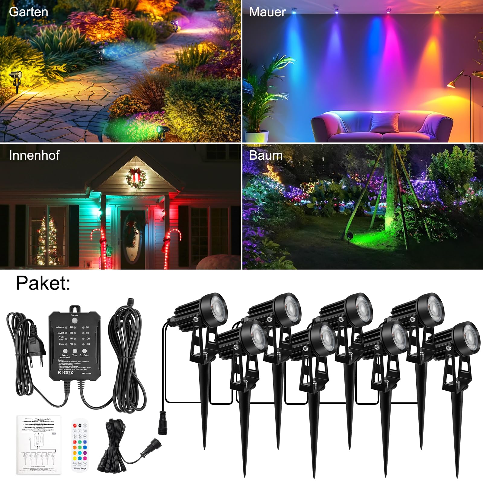 COOLWEST RGB Gartenstrahler mit Fernbedienung und Lichtsensor, 20M/8er Set Strahler IP65 Wasserdichte Gartenbeleuchtung mit Strom, 24V gartenleuchten mit Timer für Garten, Bäume, Wege, Dimmbar
