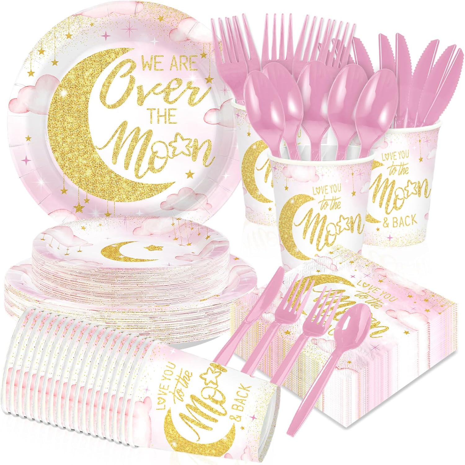 168Pcs We are Over The Moon Party Decorations Pink Star Night Galaxy Plates Napkins Cups Forks Knives Spoons Moon and Stars Tableware Set for Kids Baby Shower Birthday Party Supplies Serves 24