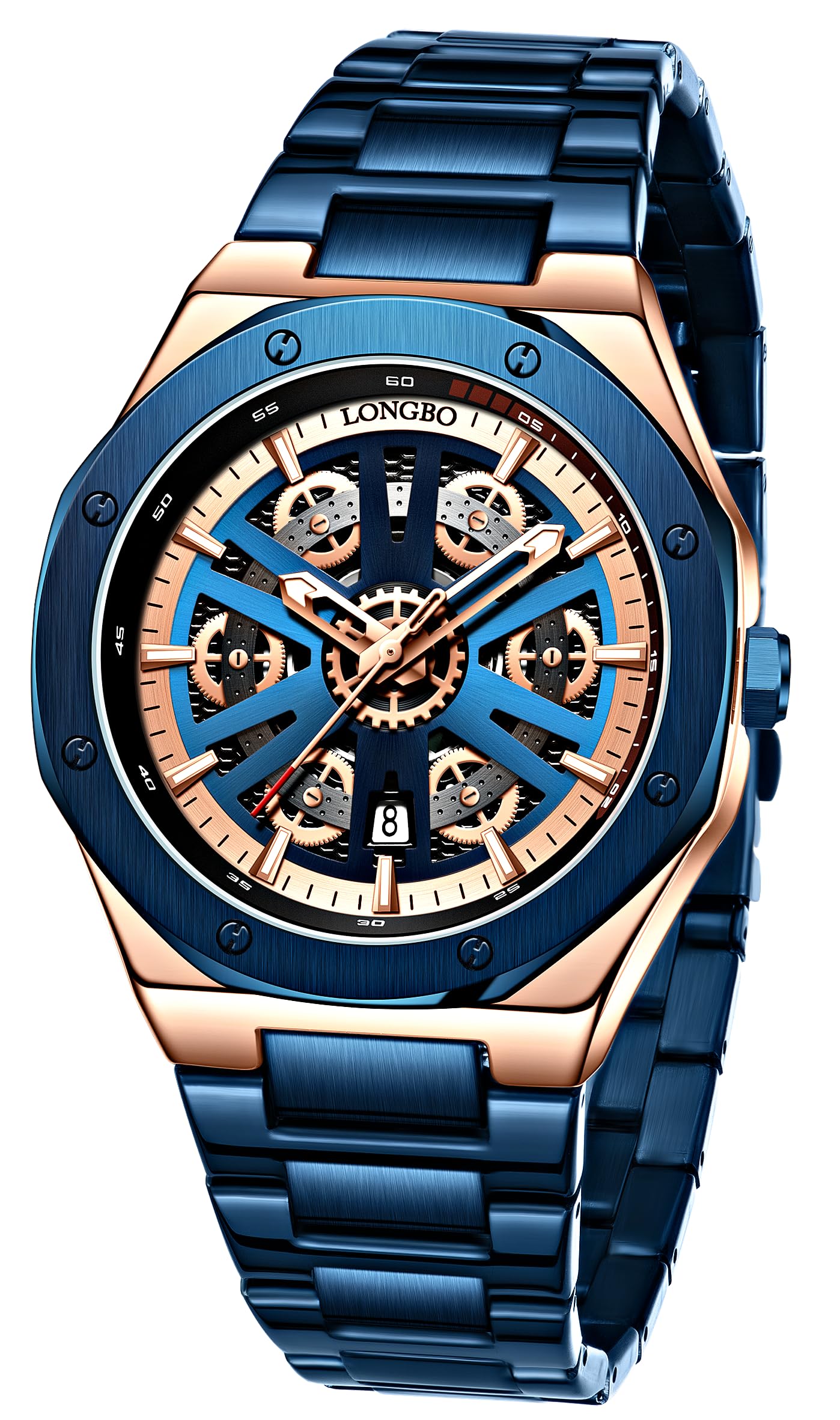 LONGBO Endurance Series Skeleton Design Analog Quartz Watch for Men with Stainless Steel Strap and Octagonal Alloy Case with Screw Detailing | Gift for Men (Blue-Gold-Blue) (B0D73NKWZJ) Amazon Price History, Amazon Price Tracker