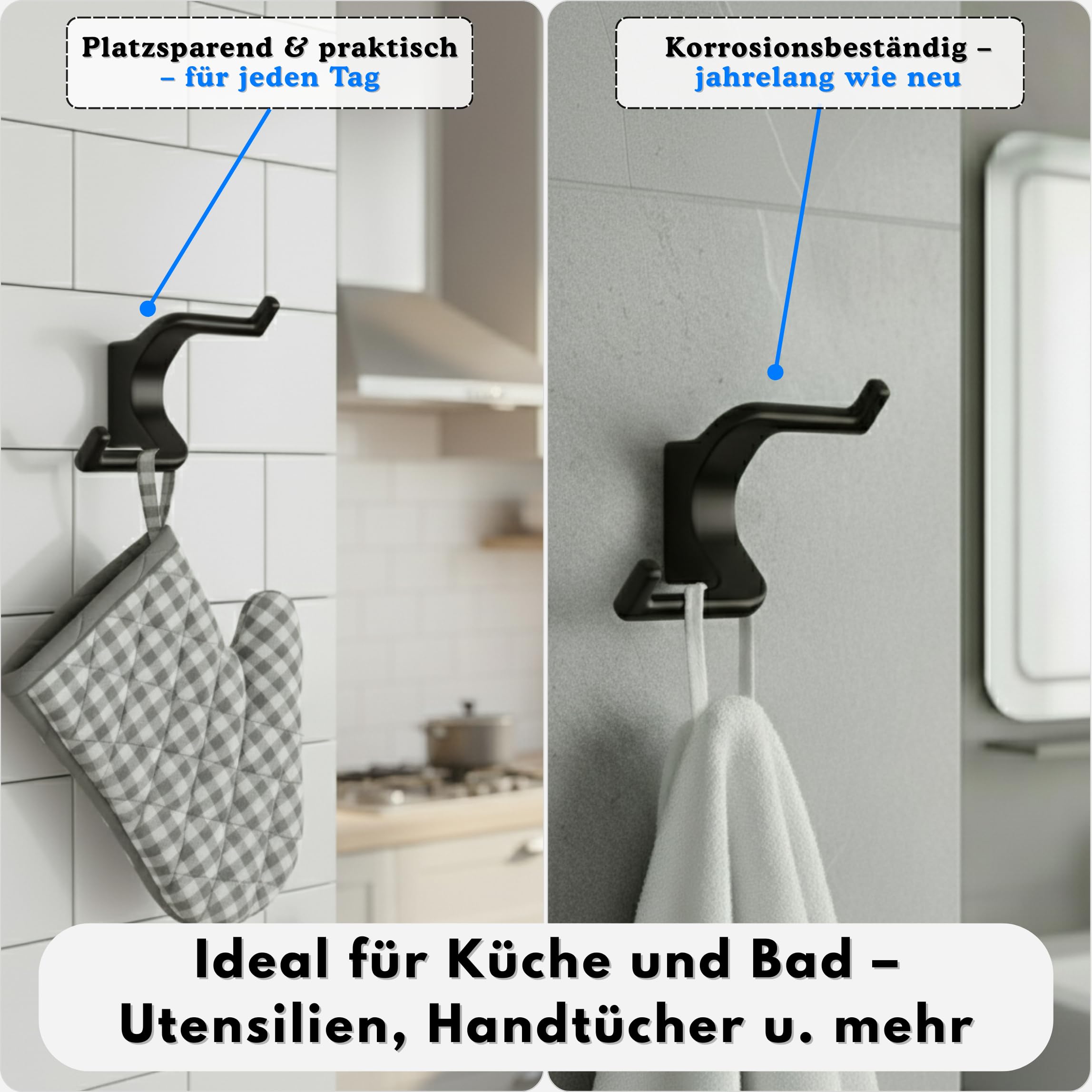 Wandhaken Schwarz Matt 4er Set – Doppelhaken aus Zinklegierung | Verdeckte Schrauben | Bis 5 kg | Garderobenhaken für Flur, Bad, Küche & Schlafzimmer