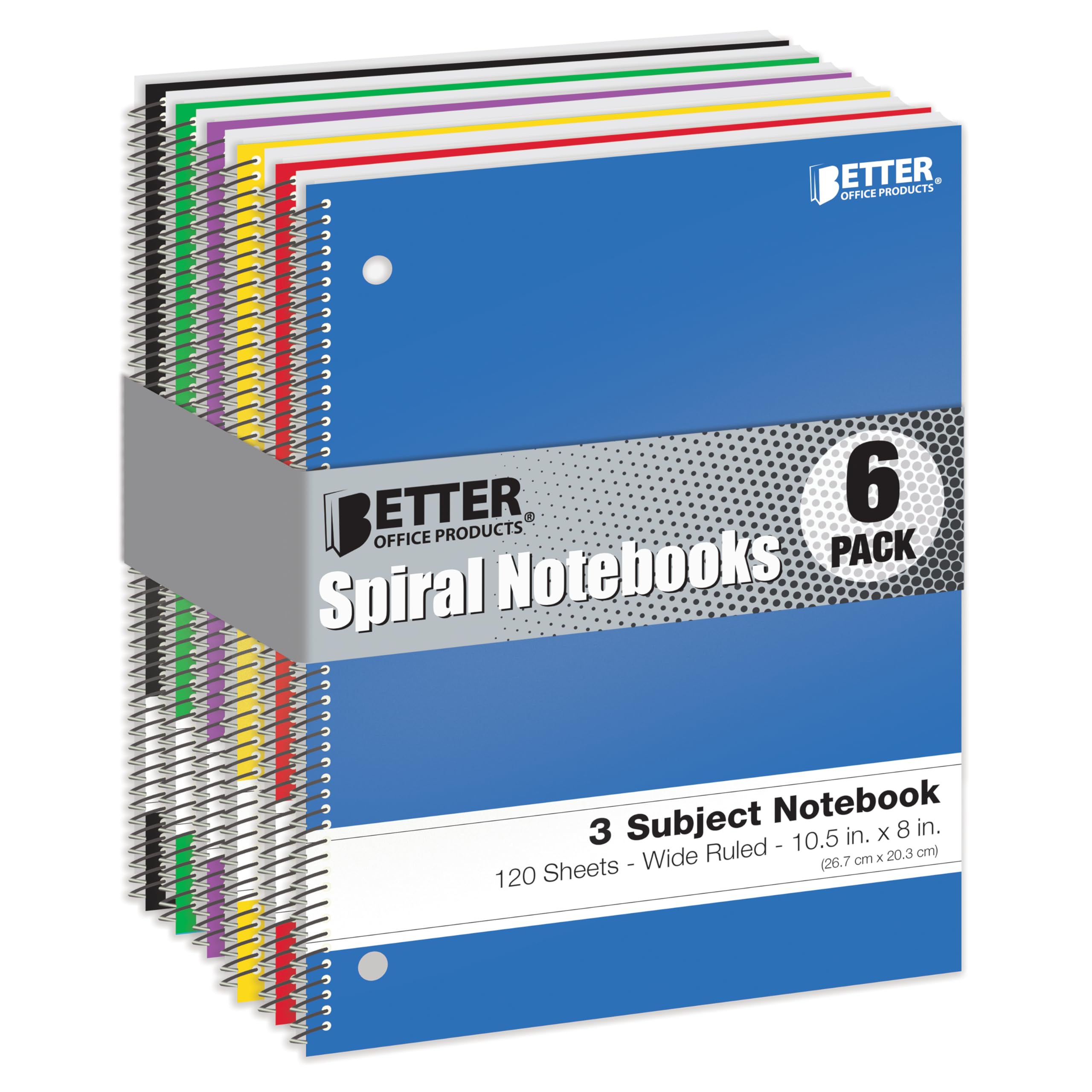 Better Office Products Spiral Notebooks 3-Subject, Wide Rule, 120 Sheet Notebook with Sturdy Pocket Dividers, 10.5 x 8 inches, 6 Assorted Primary Colors, 6 Pack