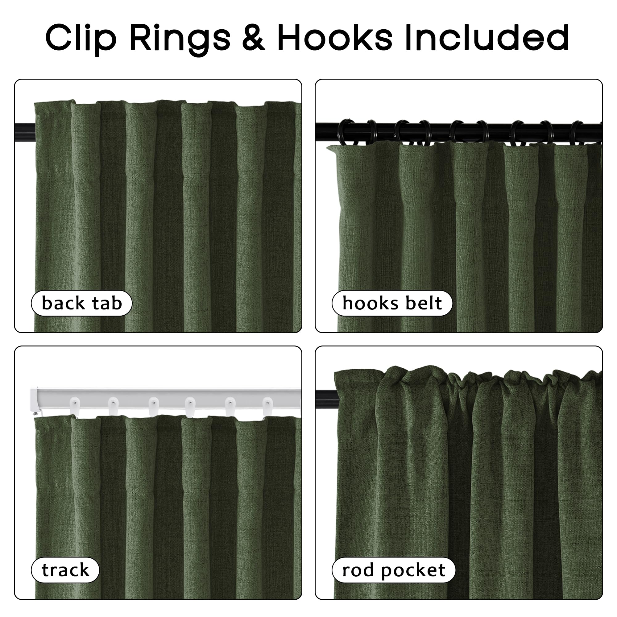 PANELSBURG Olive Green Curtains 84 Inch Length 2 Panels Set,Boho Back Tab Pleated Room Darkening Linen Blackout Window Curtain Drapes for Living Room 84 Inches Long,Dark Moss Green