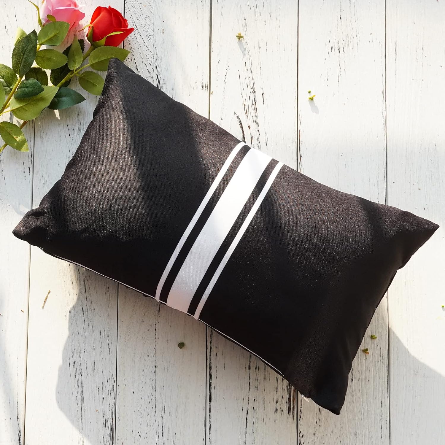 ONWAY Outdoor Waterproof Throw Pillow Covers 12x20 Set of 2 Lumbar Black and White Decorative Striped Pillow Cases for Cushion Patio Furniture Porch