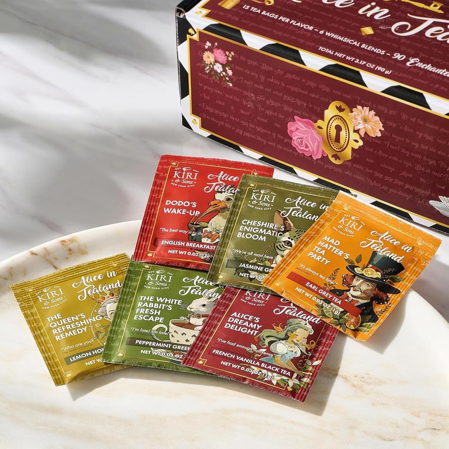 Alice’s Adventures in Wonderland Tea Gift Set – 90 Count Literary Tea Bags Variety Pack with Book Quotes and Illustrations | Alice in Tealand Collection | 6 Whimsical Inspired Flavors Teas Gift Set