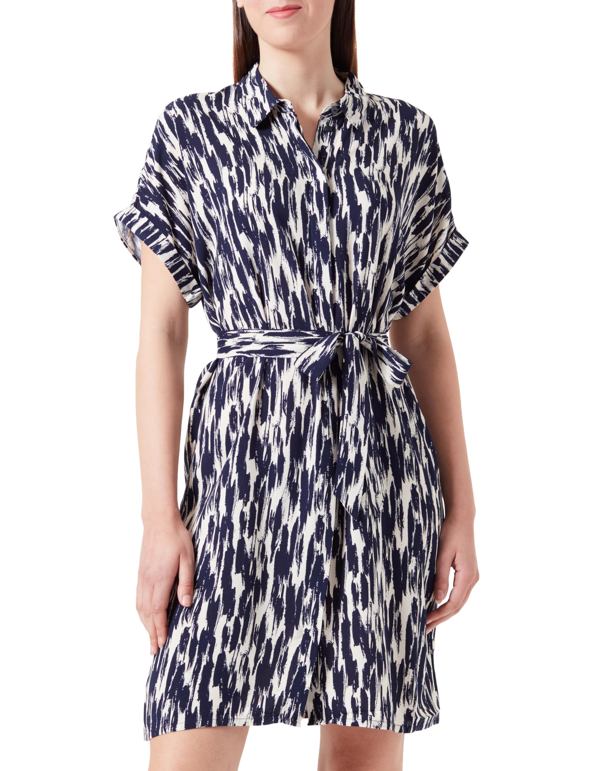 VERO MODA Women's Vmeasy Joy S/S Shirt Dress WVN Ga Dress, Birch/AOP: Navy Blazer Josey, S