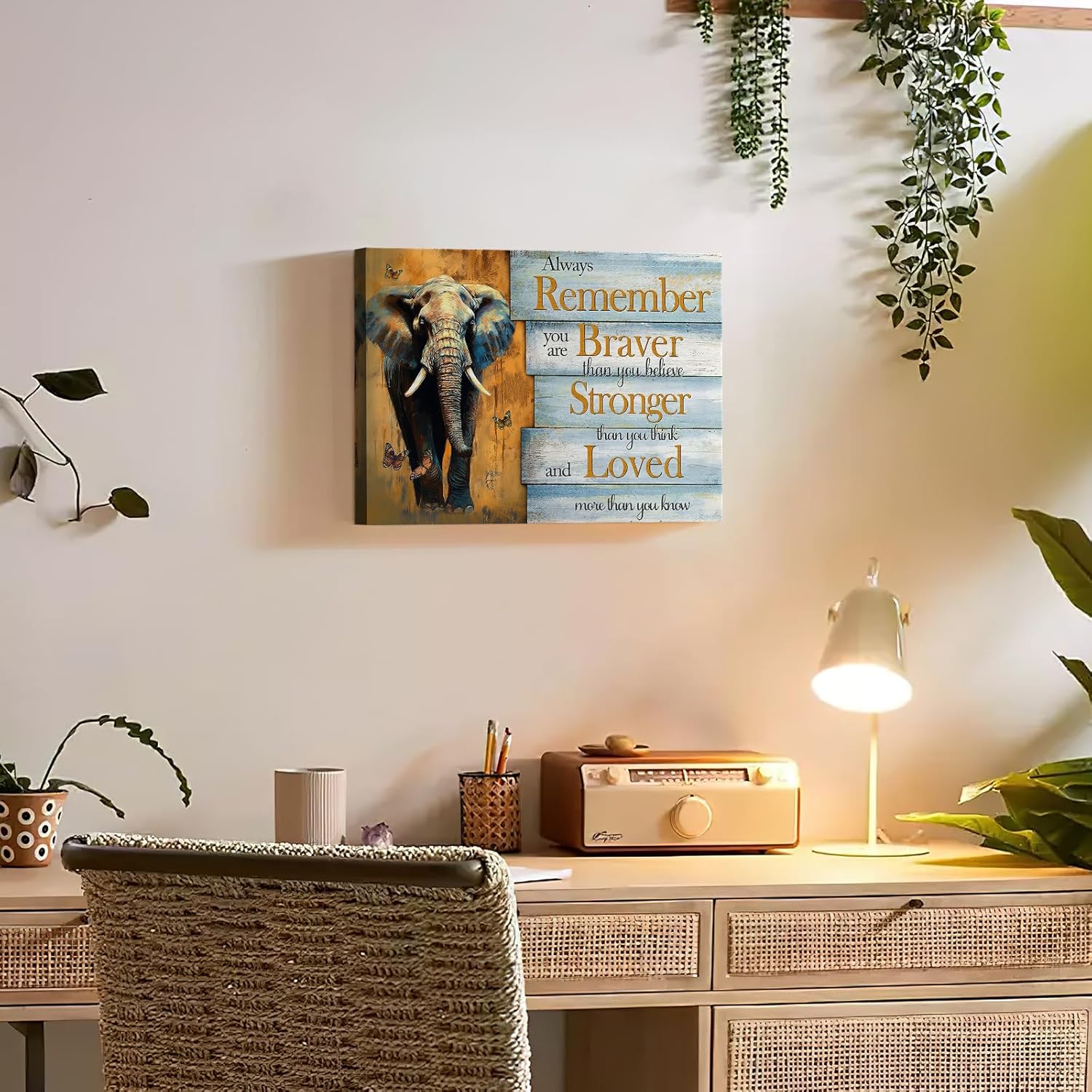 Luslya Motivational Elephant Canvas Wall Art Elephant Painting Wall Decor Framed Inspirational Posters Home for Living Room Bedroom Bathroom Decoration 12x16 inch