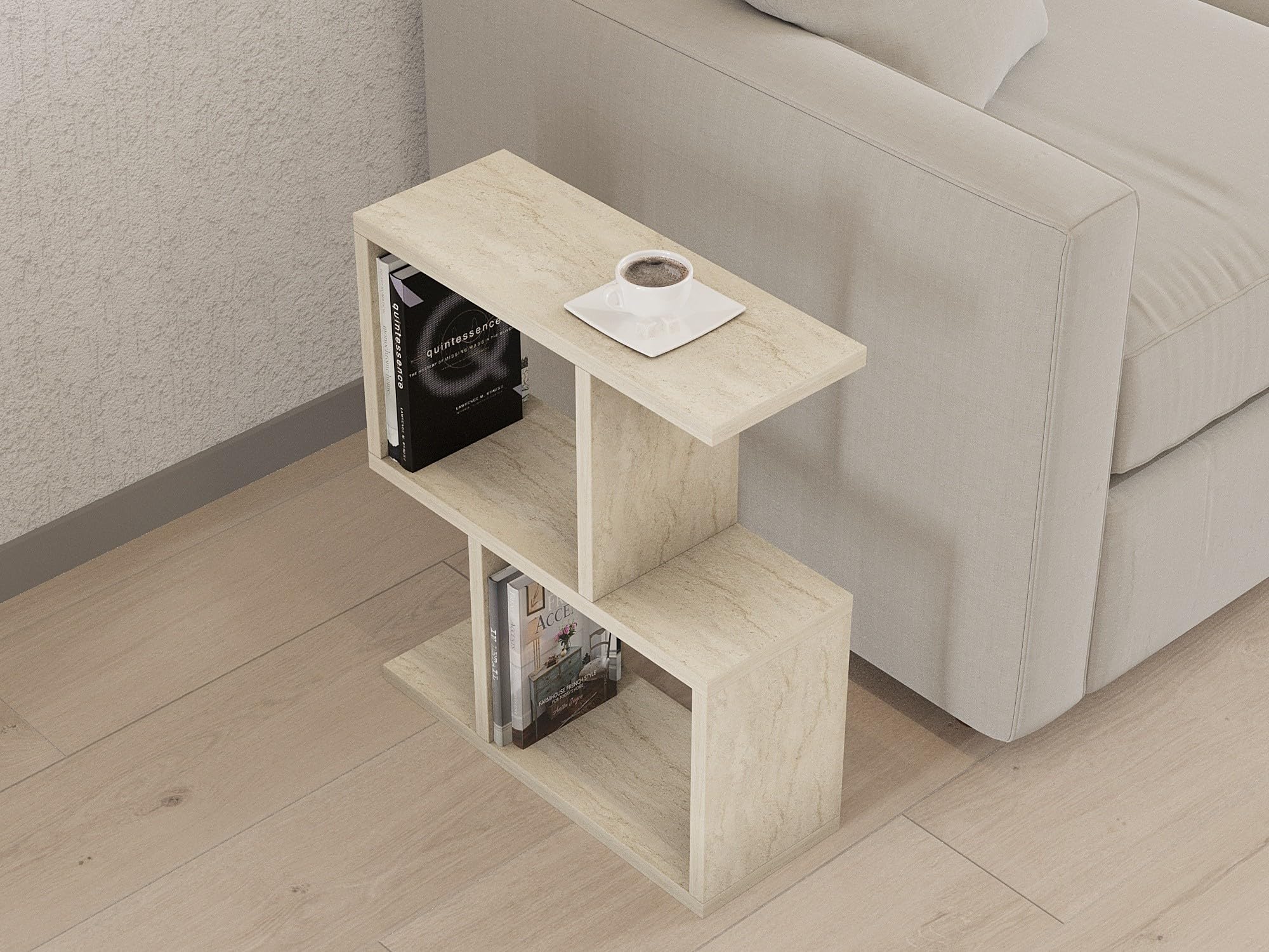 Hanah Home Elegant Side Table, travertino Color, 45 x 51,4 x 17 cm, 100% melamina, Tablero de partículas Recubierto de melamina, 18 mm de Grosor, diseño de mármol Elegante para Espacios Modernos