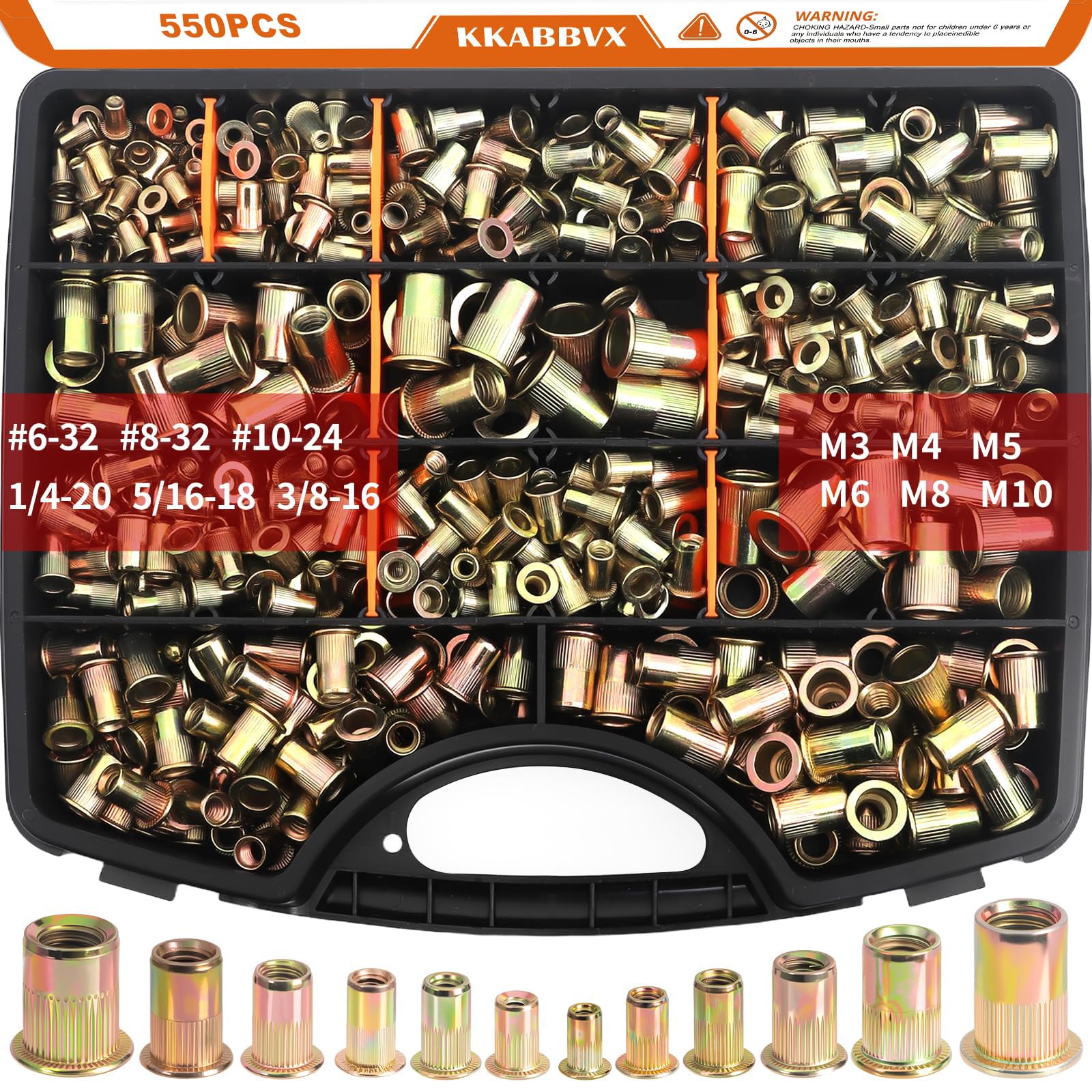 Rivet Nuts Assortment kit, 550pcs SAE & Metric Rivet Nut,Galvanized Carbon Steel Flat Head Threaded Rivet Sizes M3,M4,M5, M6,M8,M10,#6-32,#8-32,#10-24,1/4-20,5/16-18,3/8-16