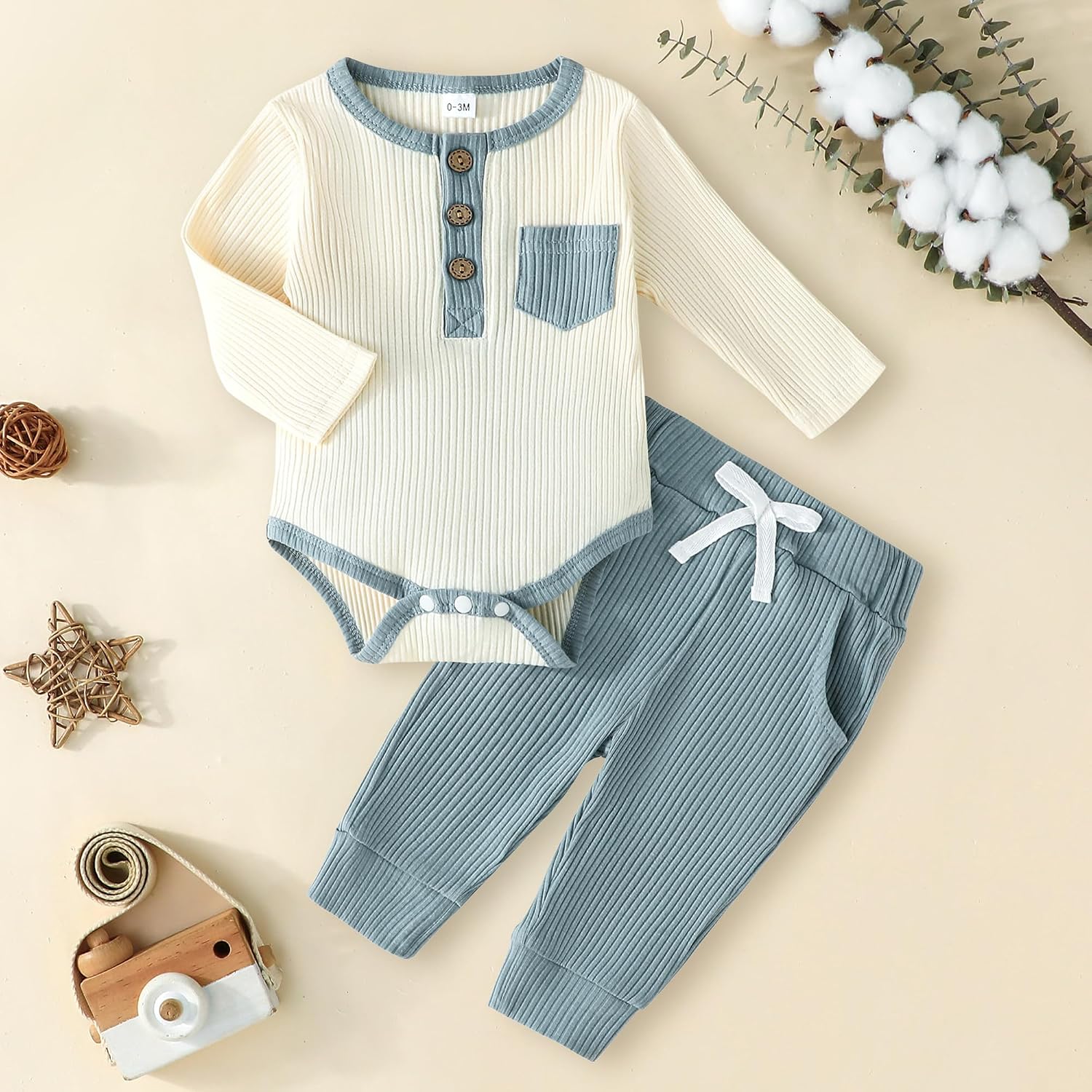 Newborn Baby Boy Clothes Toddler Ribbed Knit Cotton Long Sleeve Romper Long Pant Preemie Solid Color Outfits image 2