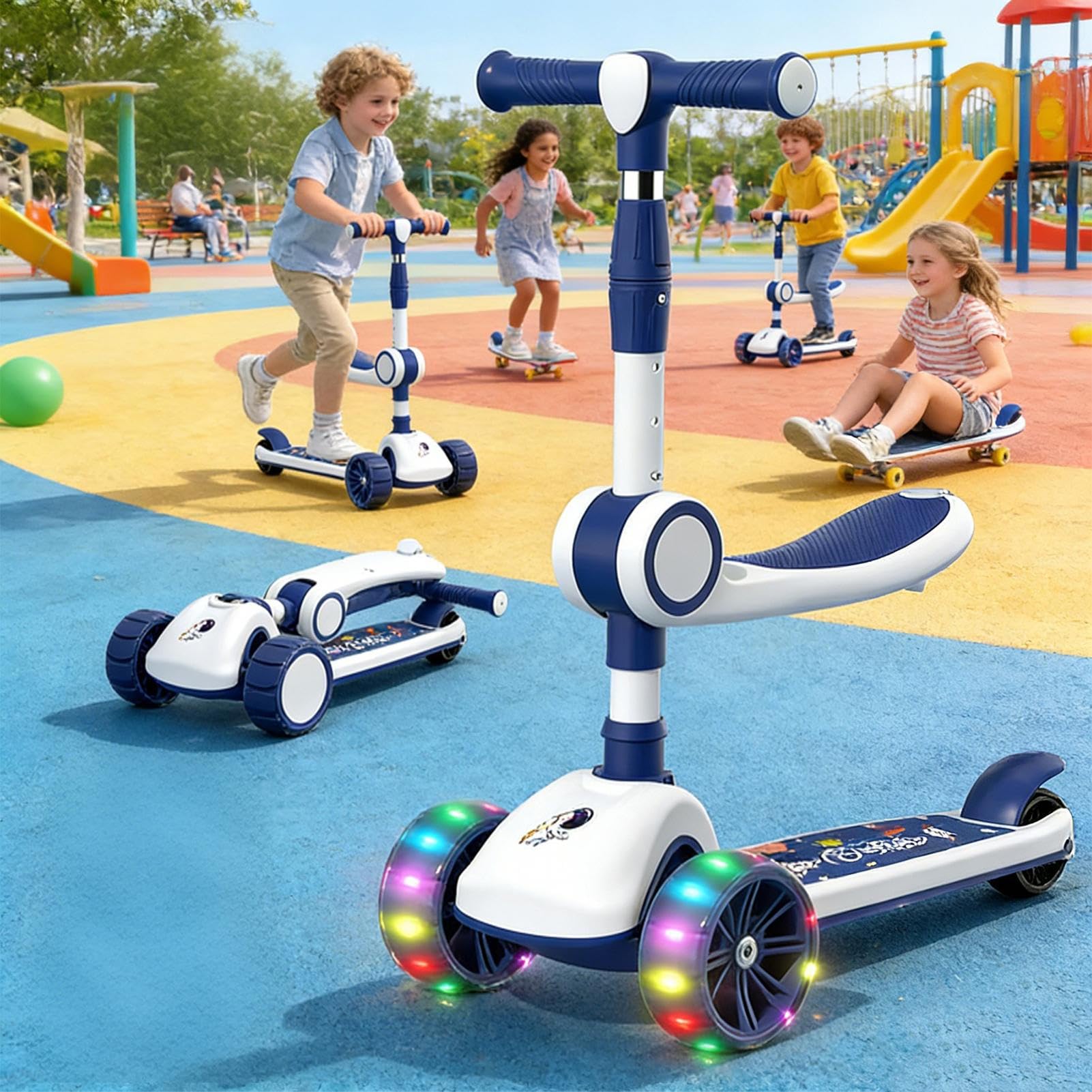 Trottinette Enfant 2-en-1 avec Siège Réglable Antidérapant et Musique
