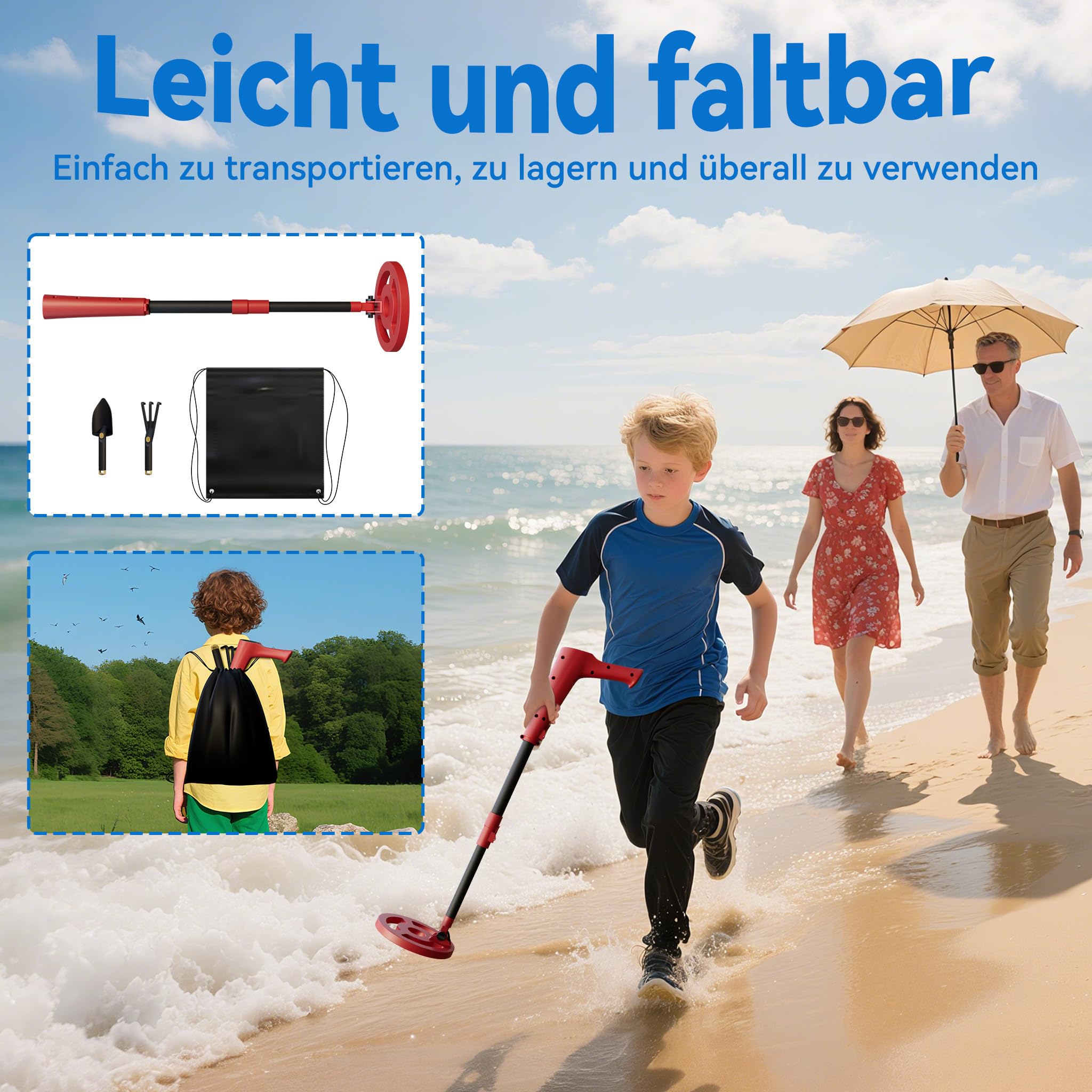 XMTECH Kinder Metalldetektor Rot, Verstellbarer Schatzsucher mit wasserdichter 16,5 cm Suchspule, LCD-Display, Signalton, inklusive Schaufel & Tragetasche, Metallsuchgerät für Kinder & Erwachsene